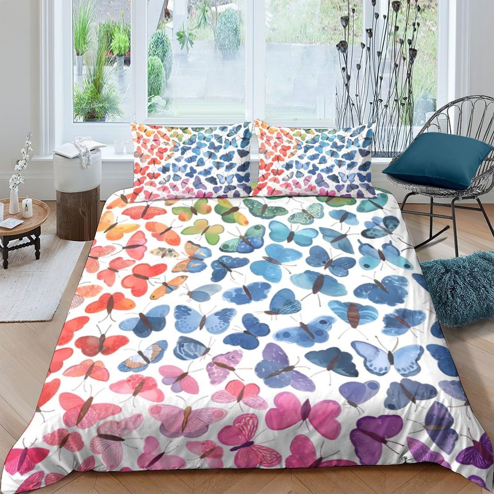 GPLZQXKJNH 3D Printed Rainbow Butterfly Duvet Cover Microfiber Soft Multicolor Bedding Set with 2 Pillowcases for Bedroom Decor Single（135x200cm）