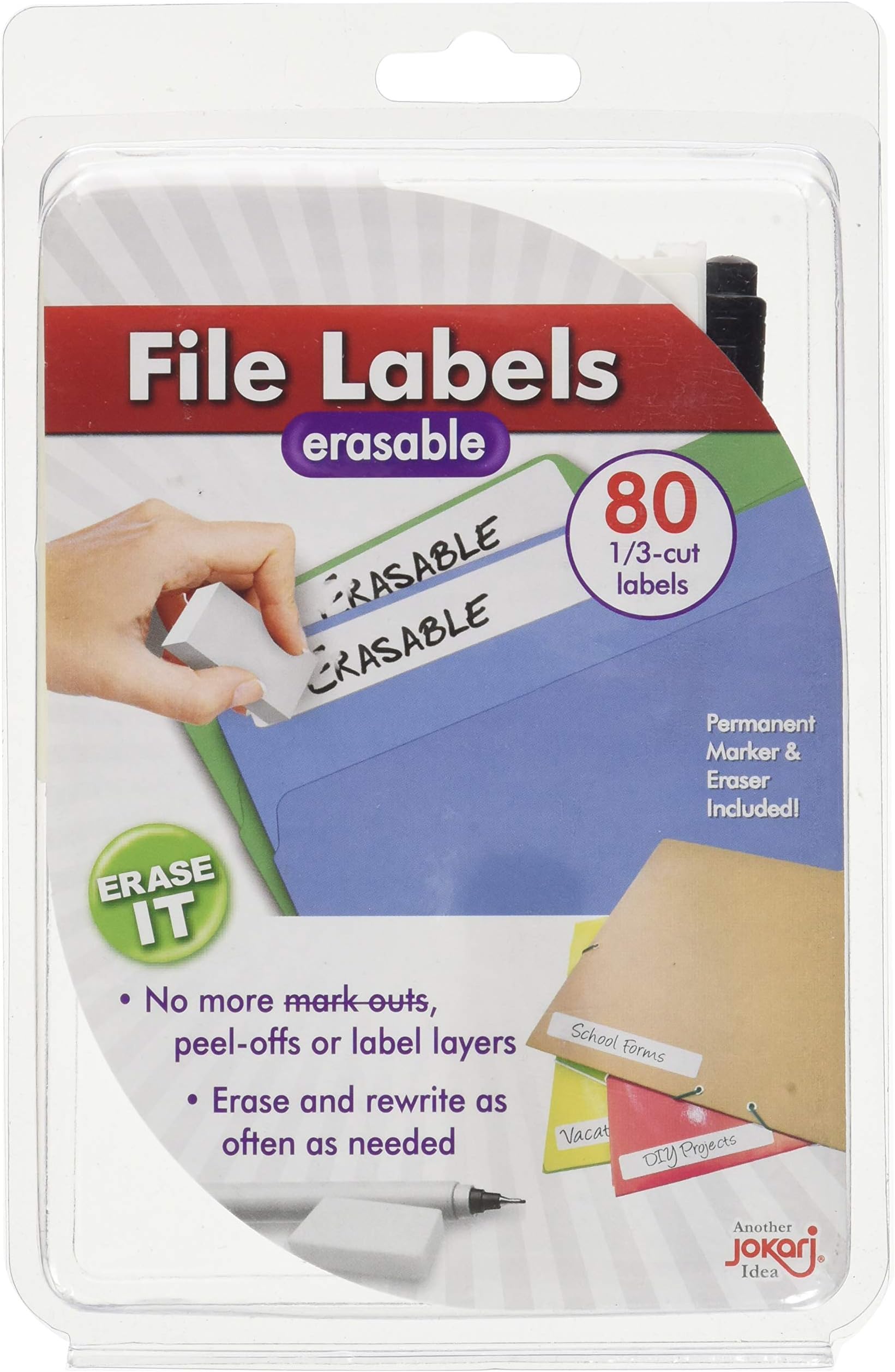 Jokari Label Once Erasable File Folder Labels Starter Kit – 80 Reusable 1/3-Cut Labels with Permanent Marker and Eraser – Writable & Rewritable Tab Stickers for Filing Cabinets, Office, School, Home