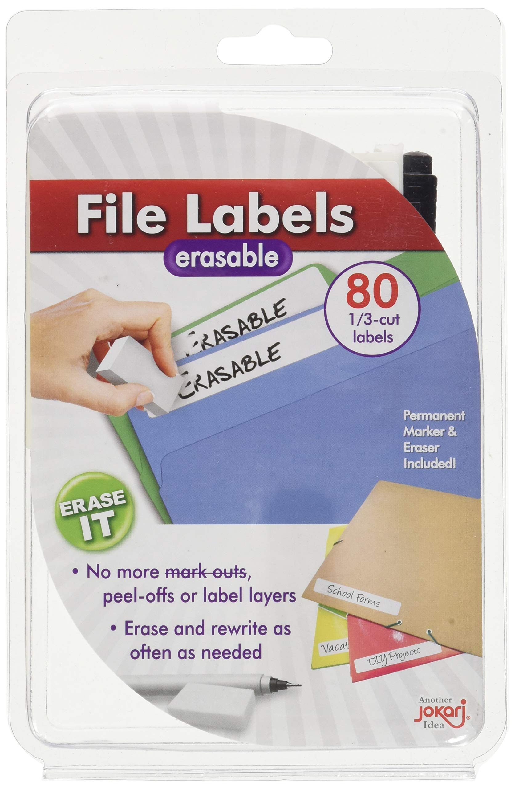 Jokari WSK40 - Étiquettes de Classeurs Effaçables Laminées, Coupe 1/3 - Ensemble de Départ avec 80 Étiquettes, Gomme et Stylo -