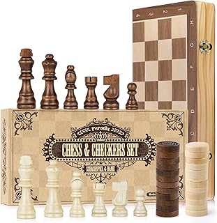 Peradix Chess Sets 15", Magnetic Wooden Chess & Checkers Wood Set 2 in 1 for Adults Kids Unique with 2 Extra Queen Pieces, Handmade Tournament Folding Chess Boards, Portable Travel Easy Storage