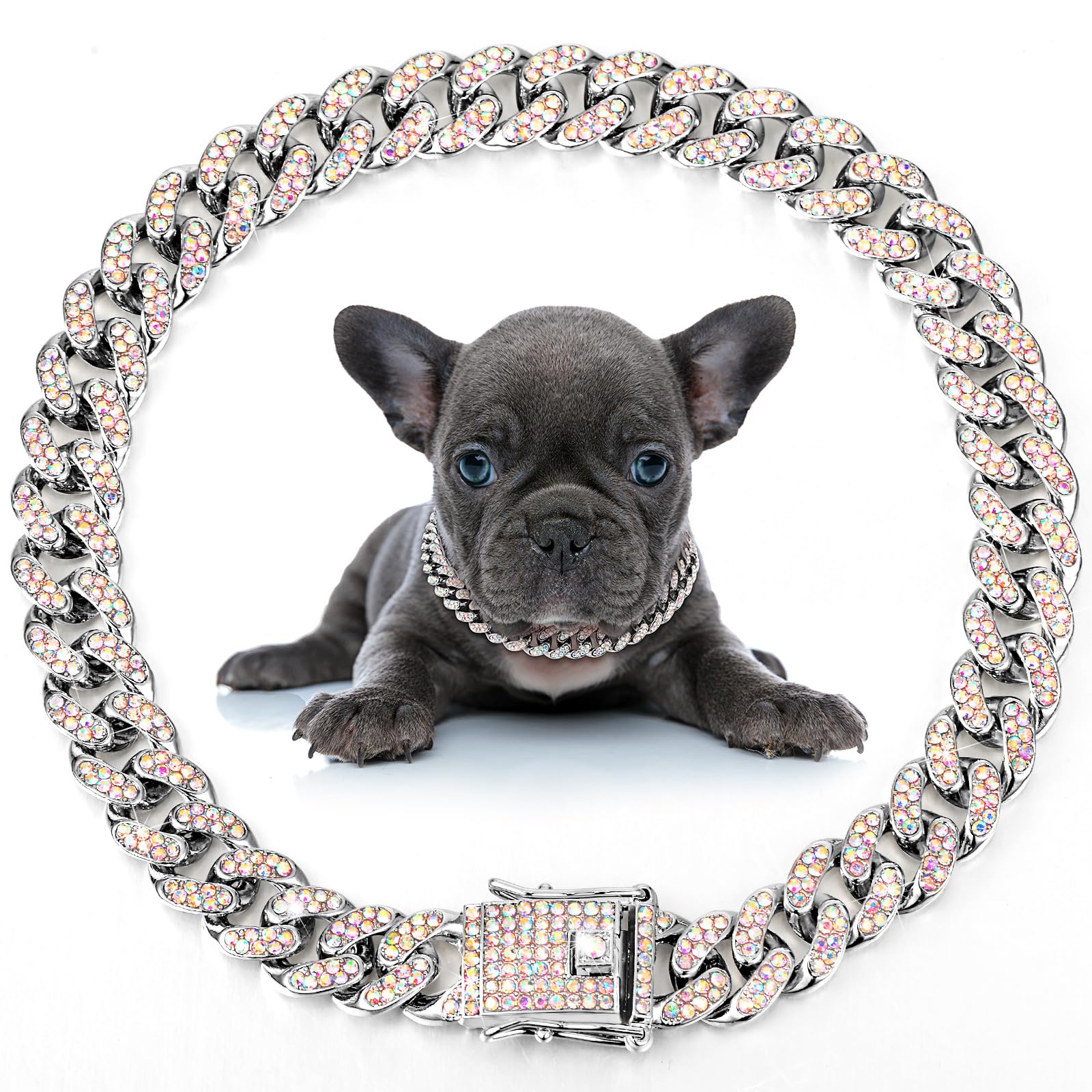 LEIFIDE Dog Chain Collar Diamond Link Puppy Collar 12 mm Wide Dog Necklace  Metal Cat Chain Pet Crystal Necklace Jewelry Accessories for Small Medium