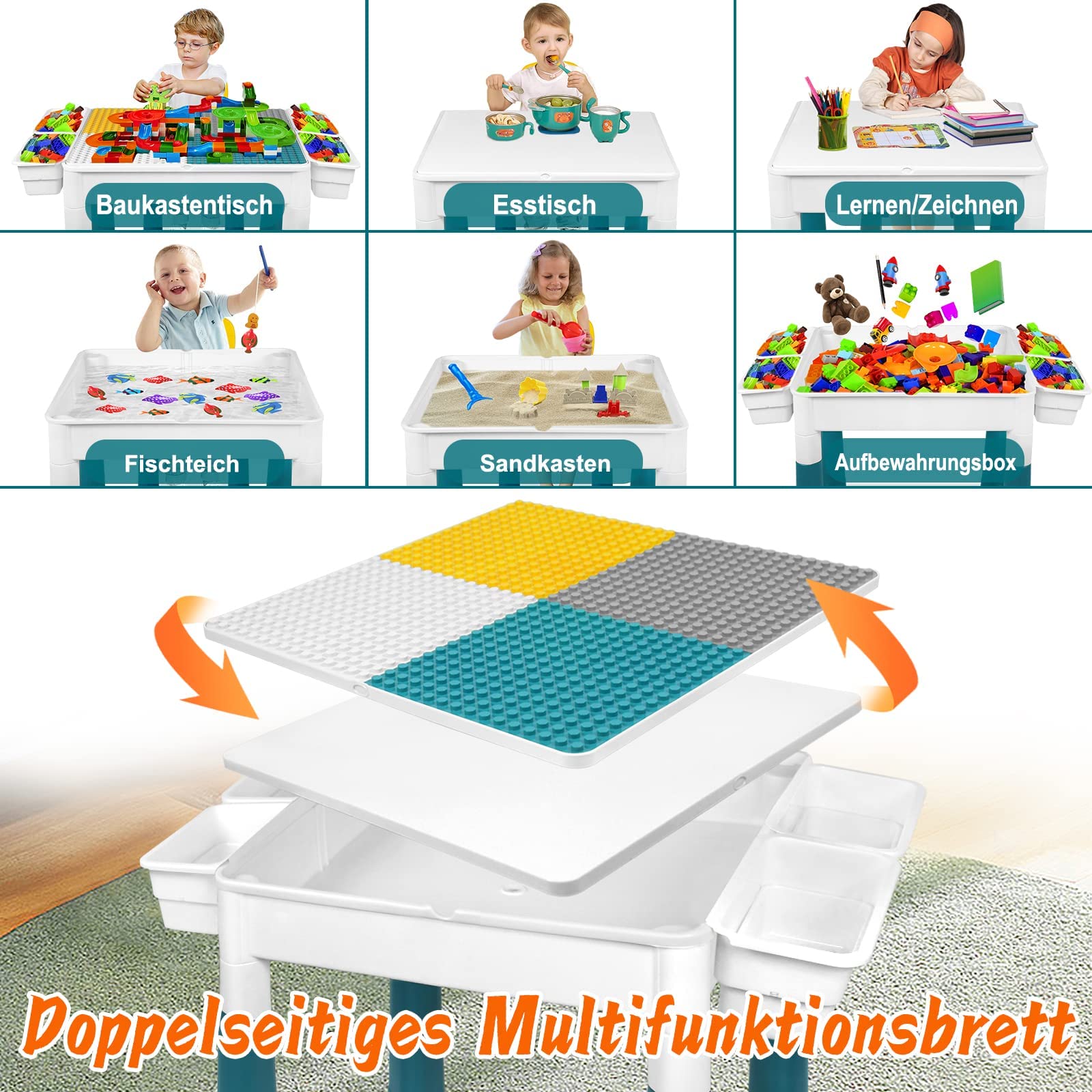 LZQ 6-in-1 Kinder Tisch Stuhl Set Spieltisch mit Stauraum Doppelseitige Höhenverstellbare Tischplatte