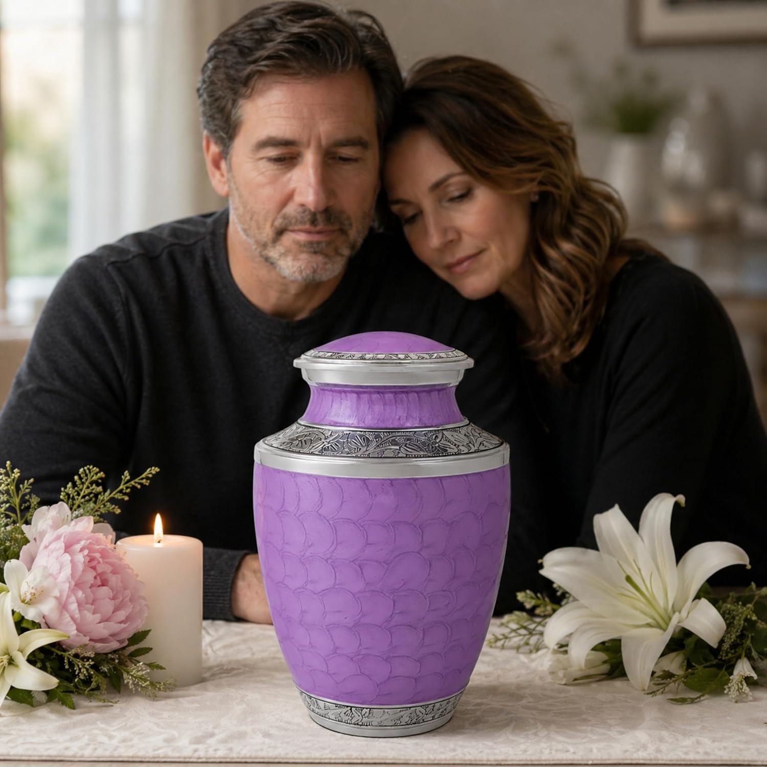 CLEENTABLE Urns Decorative Urns Memorial Funeral Urn with Secure Threaded Lid - Cremation Keepsake for Adult Human Ashes Men, Women, Decorative, Burial Urn, Funeral (Purple & Silver)