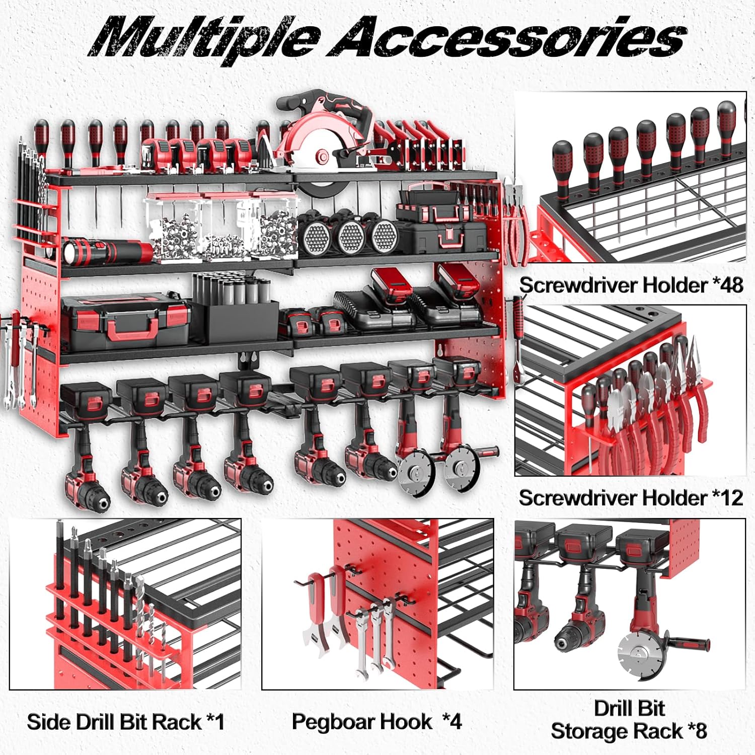 Power Tool Organizer Wall Mount, 4 Layer Heavy Duty Metal Tool Storage Rack, Power Tool Shelf Battery Storage with 8 Cordless Drill Holder，Utility Racks for Garage Workshop