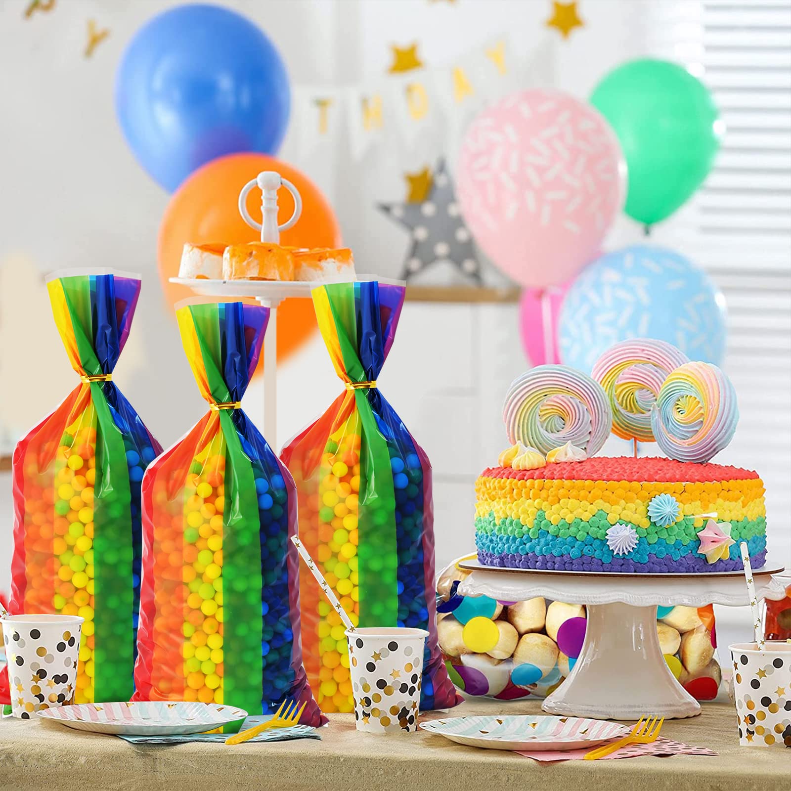 Lecpeting 100 Pcs Rainbow Treat Bags Rainbow Stripes Print Cellophane Candy Bags with Twist Ties for Baby Shower Birthday Party Supplies