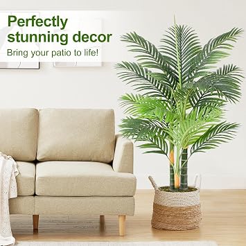 4ft Tall Triple Golden Cane Artificial Palm Tree Outdoor, Large Artificial Plants Outdoor Tree for Living Room Patio Office Home Decor 1PCS