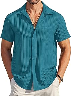 Men's Casual Button Down Shirts Short Sleeve Textured Summer Beach Shirt with Pocket