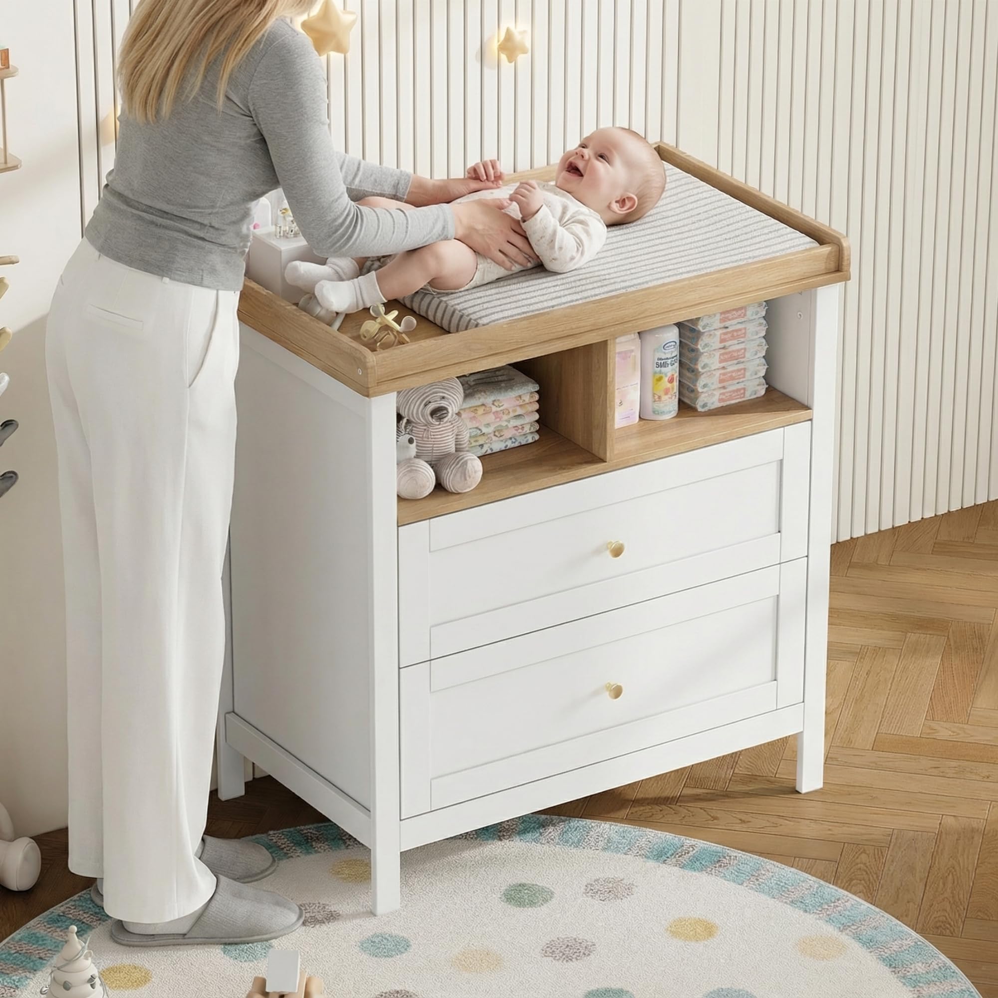 Fasciatoio multifunzione per bambini, convertibile con fasciatoio rimovibile e cassetti, cassettiera con fasciatoio, bianco, 82 x 50 x 90 cm, senza imbottitura, naturale + bianco