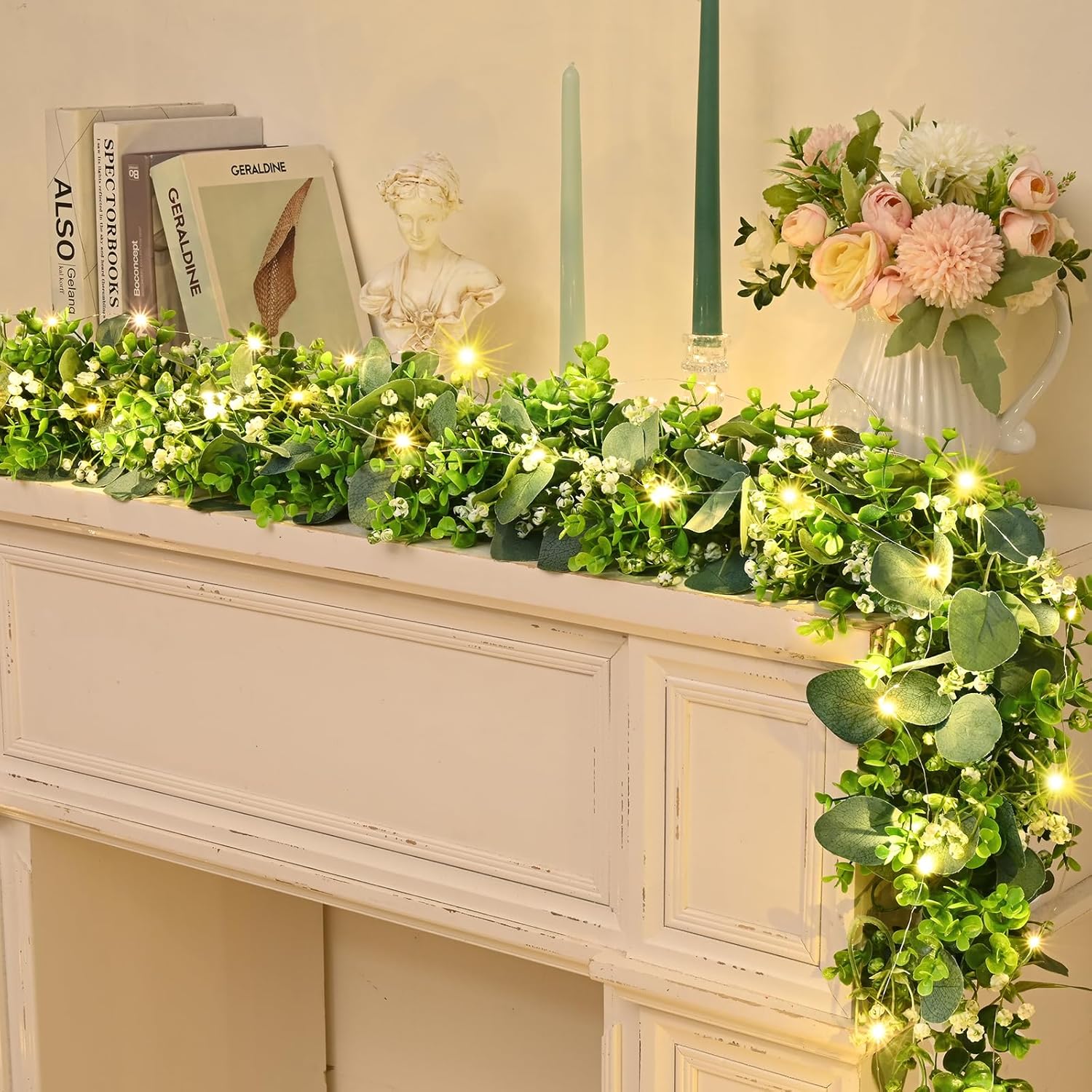 2Pcs Eucalyptus Garland with Lights, Greenery Garland, Green Garland with Flowers, 5.9FT Artificial Faux Eucalyptus Leaves Vines for Table Mantle Home Wedding Party Indoor Outdoor Decor - Image 4