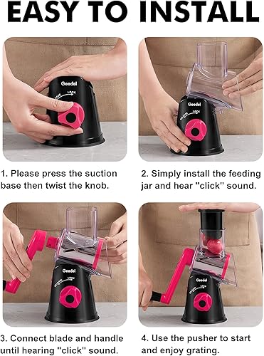 Miniatura 7 de Geedel Rallador rotativo de queso, cortador de verduras de mandolina de cocina con 3 cuchillas intercambiables, fácil de limpiar, rallador giratorio