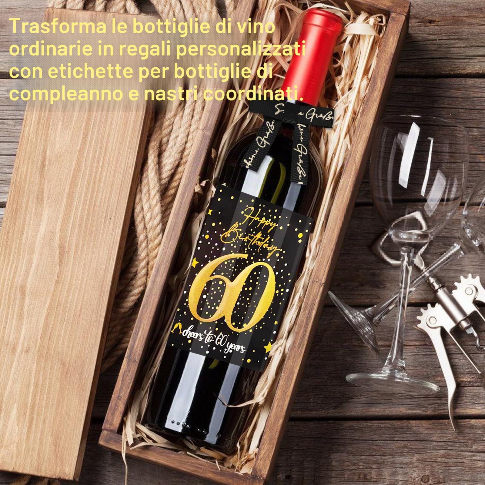 Sugeru 4 pezzi - Etichette per bottiglie per 60° compleanno e fiocchi regalo | Etichette per vino personalizzate autoadesive per spumante e vino spumante | Decorazioni per 60° compleanno, regalo