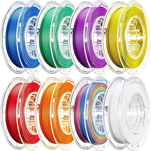 3D Printer Filament Bundle, 1.75mm (± 0.03 mm) PLA Filament Set for Most of 3D Printer,Purple/Green/Blue/Yellow/White/Iridescent/Red/Orange, 200g/0.44lbs x 8 Spools Pack