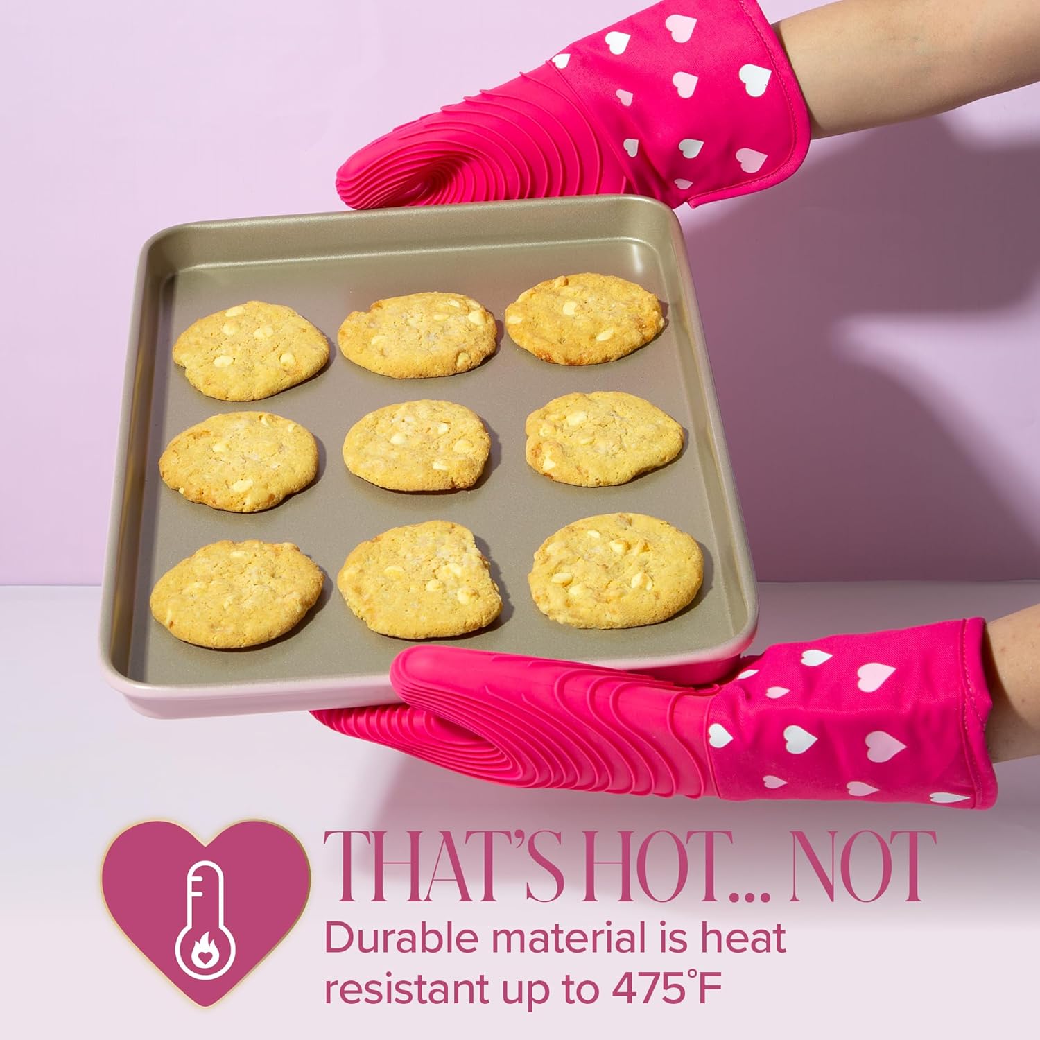 Paris Hilton Oven Mitt Set with Heart Design, Heat Resistant Pot Holders Featuring Non-Slip Textured Silicone Grips, 2-Piece Set, Pink - Image 2