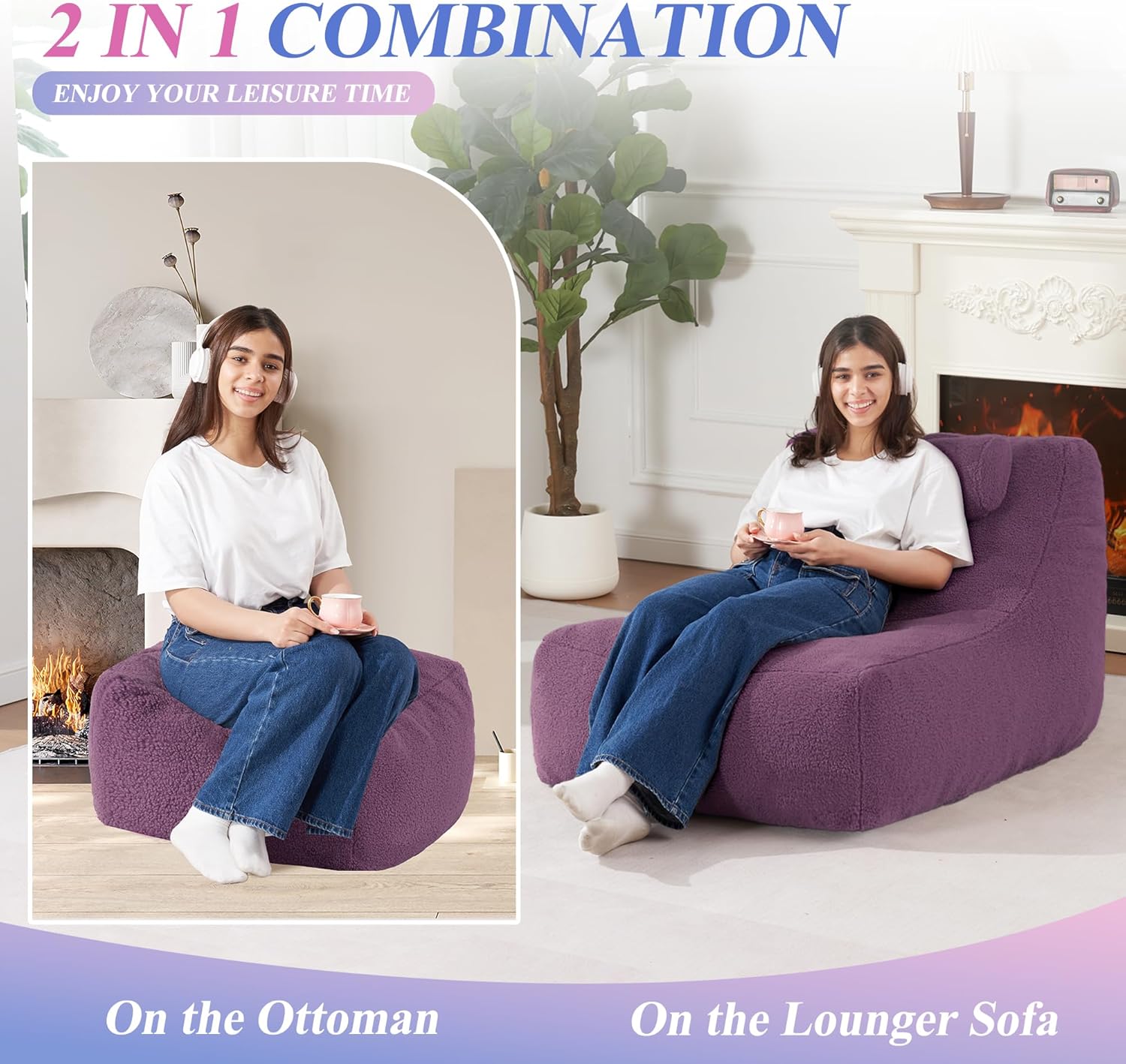 HABUTWAY Giant Bean Bag Chairs for Adults with Ottoman&Storage Pocket, Big BeanBag Chair Large Bean Bag Couch with Memory Foam Filled, Soft Faux Fur Bean Bag Sofa for Living Room(TEDDYPURPLE) - Image 5