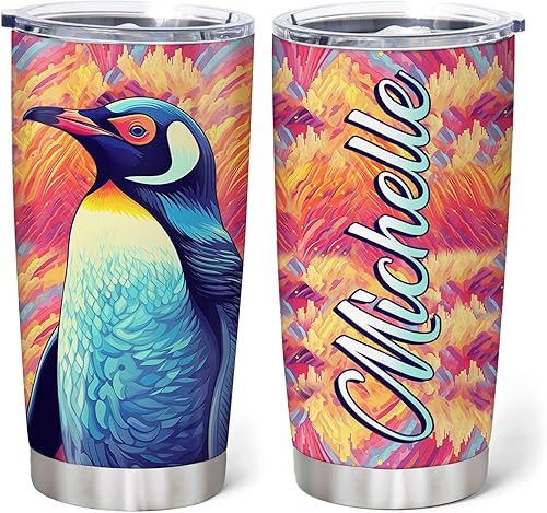Hyturtle Regalos personalizados para los amantes de los pingüinos, vaso de acero inoxidable con nombre impreso de pingüinos de 20 onzas con tapa,