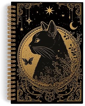 Gold Cat Tarot Spiral Notebook, Gothic Black Cat Journal Notebook, Witchy Cat Gifts for Cat Lovers, Witchy Cat Notebooks for School Work, Cat Gothic Office Supplies Gifts for Women, 5.5x8.3Inch