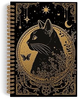Gold Cat Tarot Spiral Notebook, Gothic Black Cat Journal Notebook, Witchy Cat Gifts for Cat Lovers, Witchy Cat Notebooks for School Work, Cat Gothic Office Supplies Gifts for Women, 5.5x8.3Inch