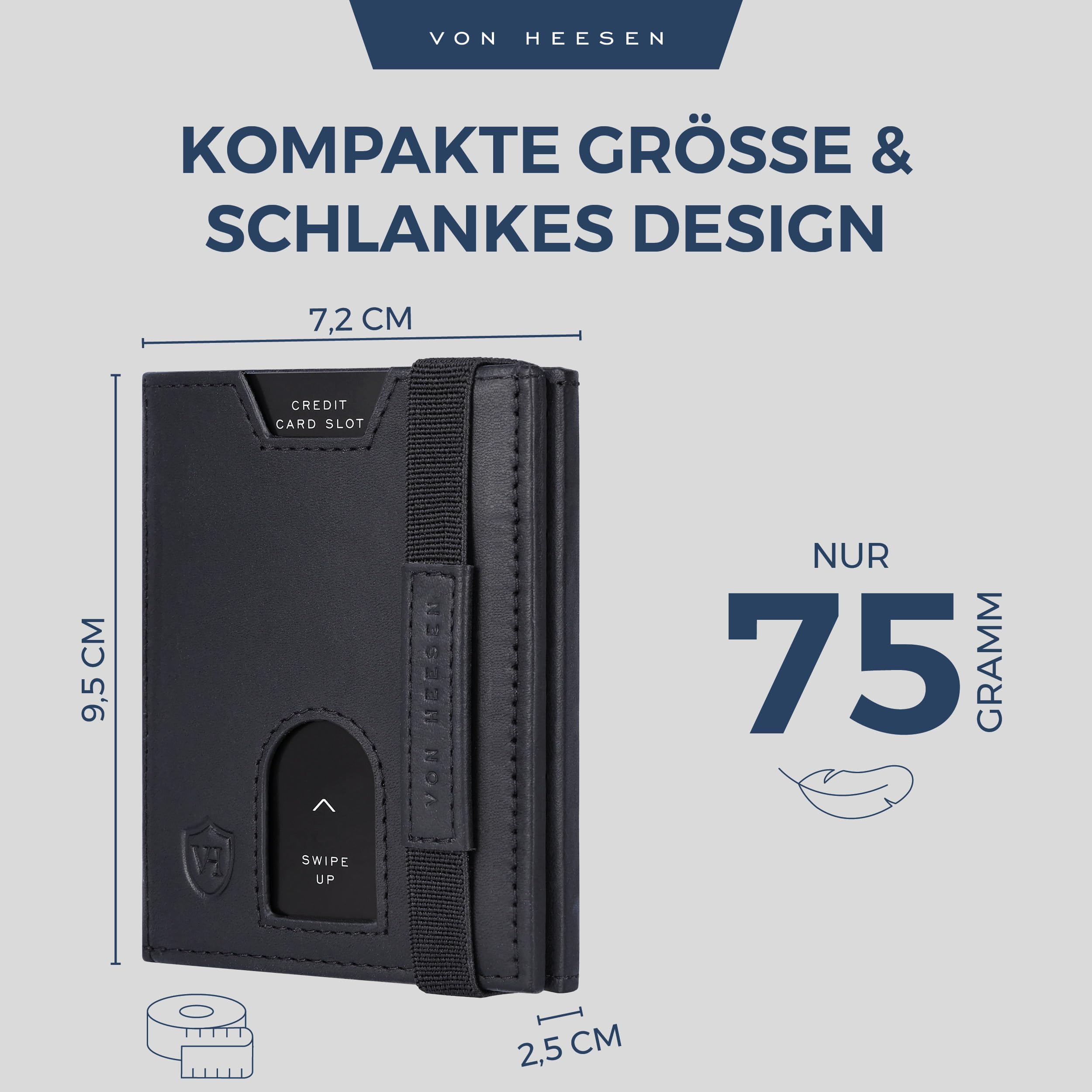 VON HEESEN Slim Wallet mit XL Münzfach & RFID-Schutz - Leder Geldbeutel - Mini Geldbörse für Herren und Damen - Kartenetui Echtleder Karten Portemonnaie klein - Kreditkartenetui Schwarz (Waxy)