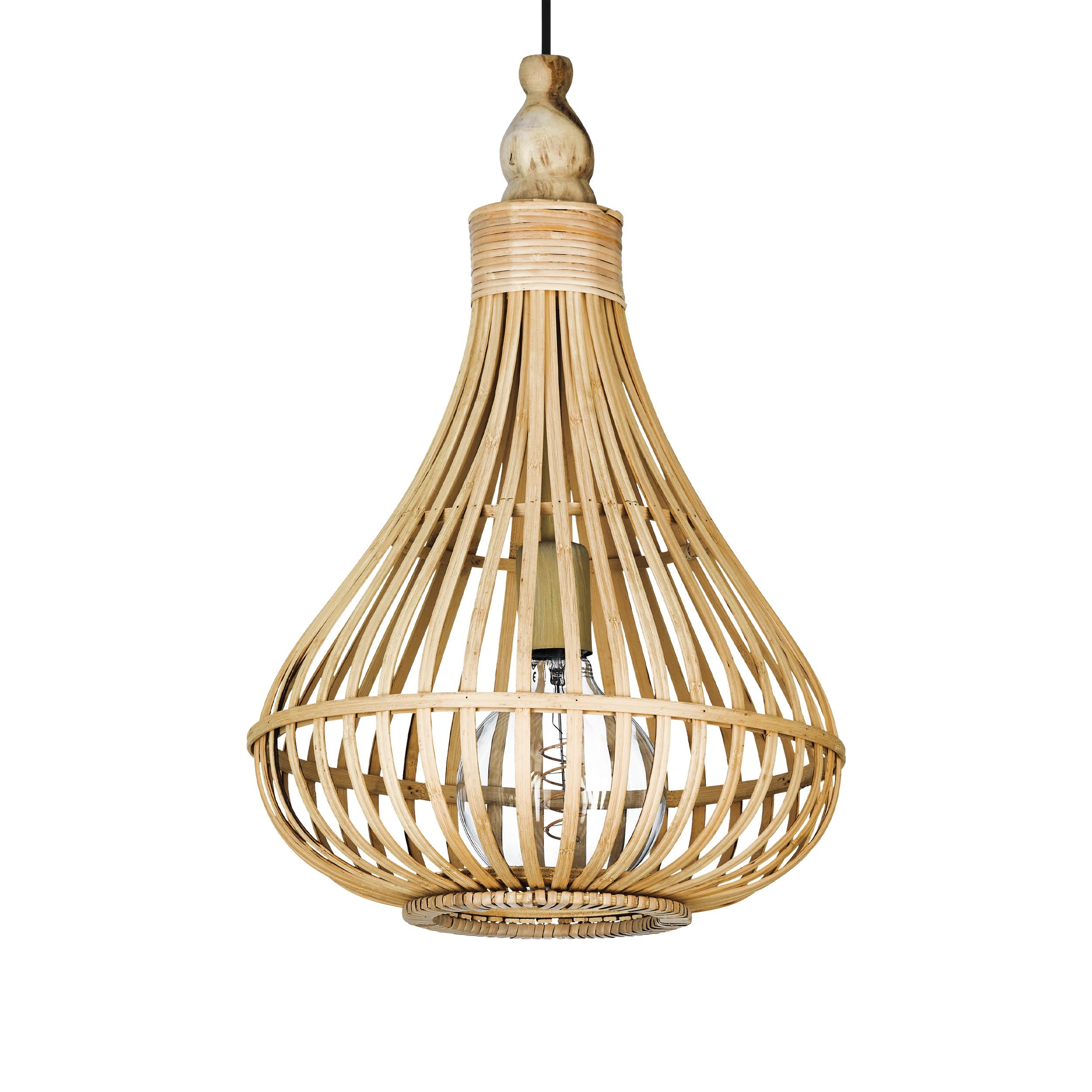 EGLO Pendelleuchte Amsfield, 1 flammige Hängelampe Vintage, Natur, Boho | Hygge, Hängeleuchte aus Stahl, Holz in Naturfarben, Esstischlampe, Wohnzimmerlampe hängend mit E27 Fassung, Ø 35 cm