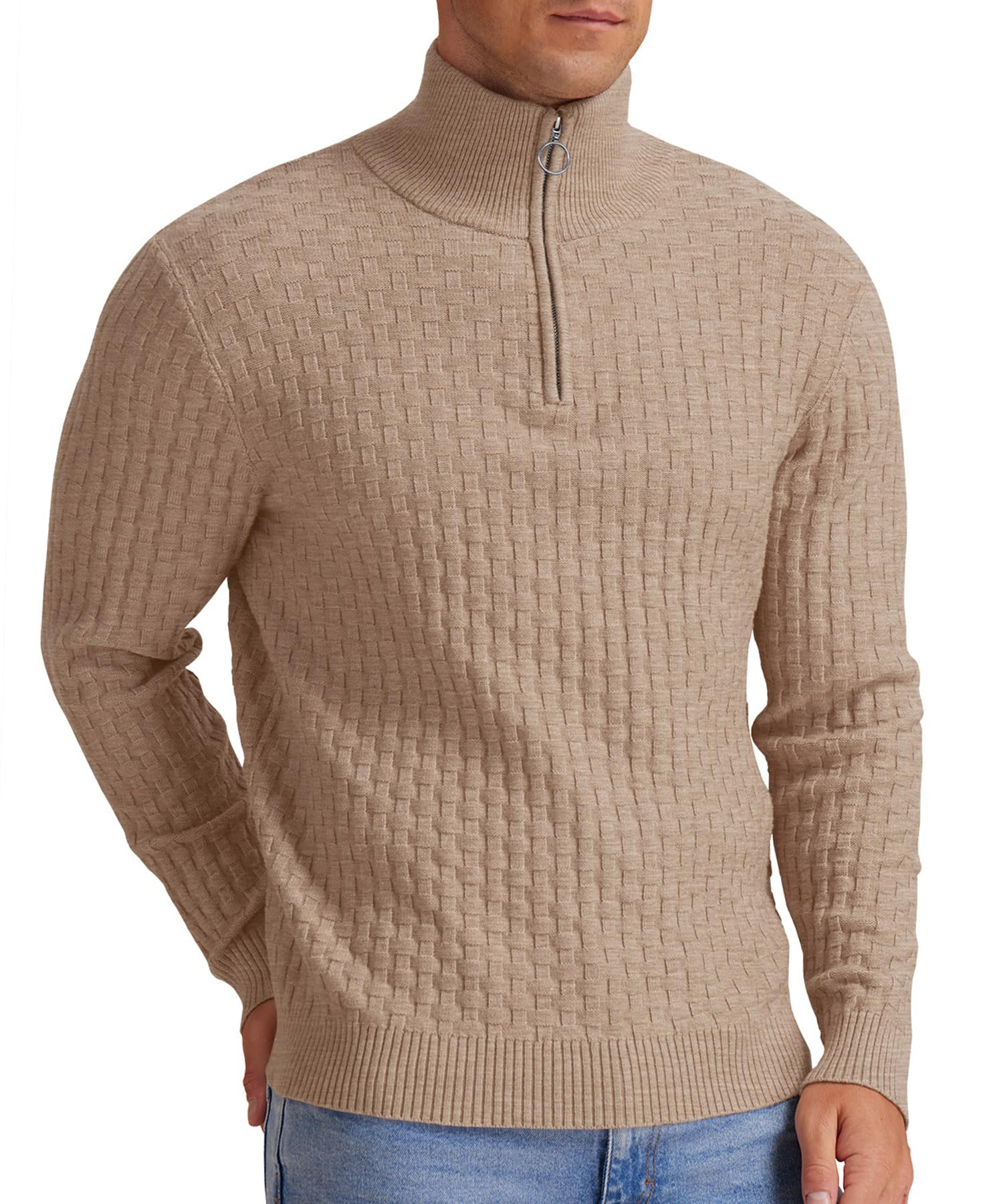 QIXING Jersey de punto para hombre, cuello medio, grueso, informal, con cremallera 1/4