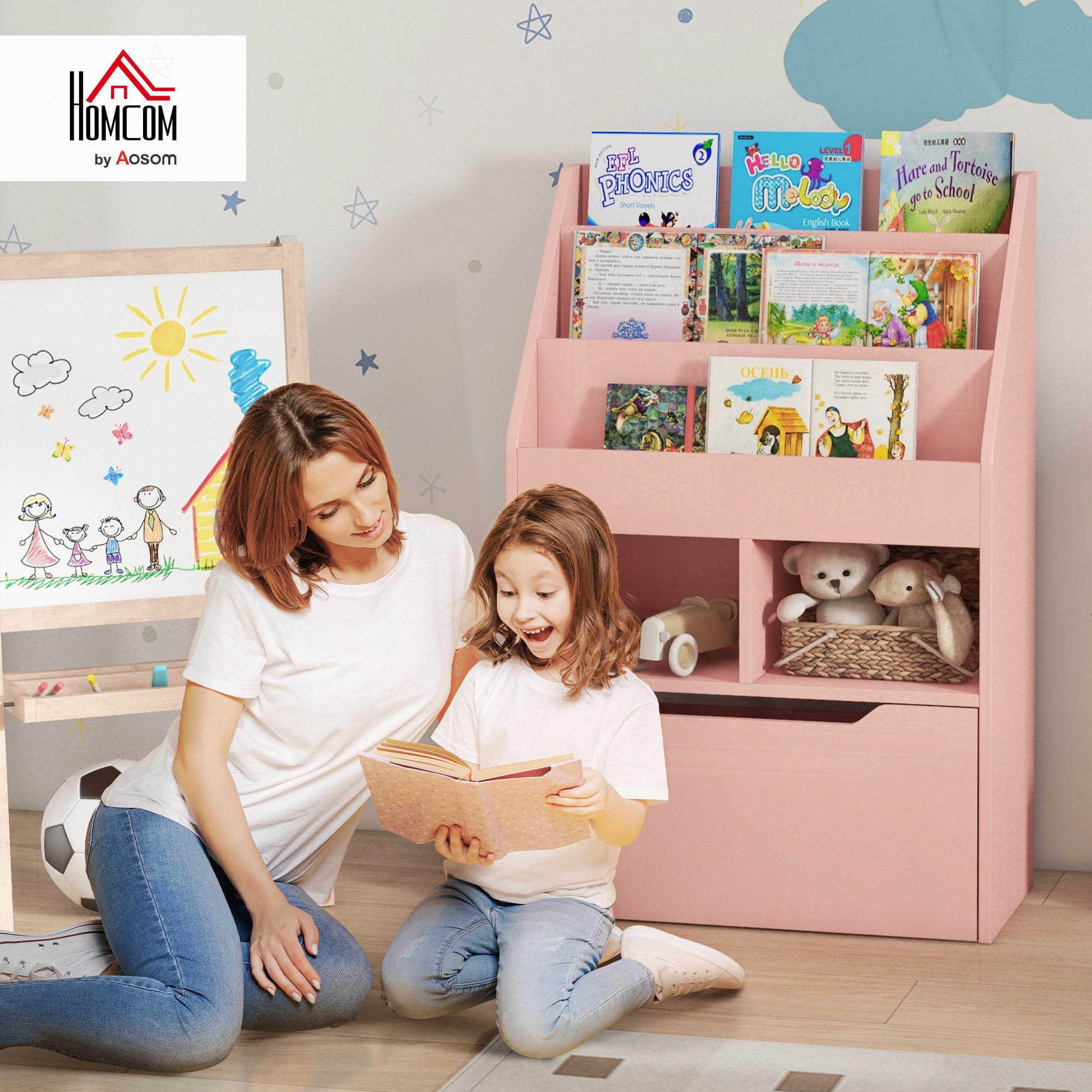 HOMCOM Kinder Bücherregal Kinderregal mit Schublade, 3 Ablagefächern und 2 offenen Fächern, Aufbewahrungsregal für Kinderzimmer, Spielzimmer, Rosa, 60 x 29,9 x 90 cm