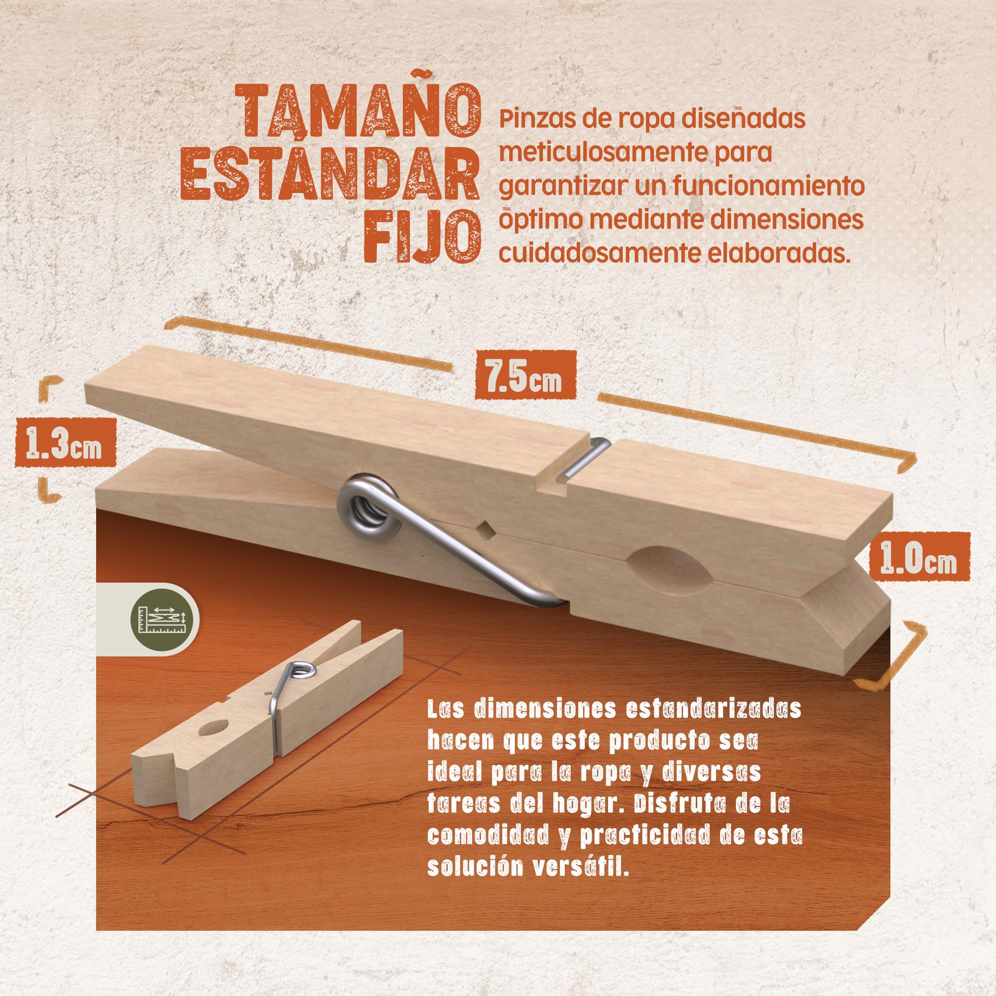 PORTENTUM Pinzas para Ropa de Madera, Set de 100, Color Natural - Resistentes con Fuerte Agarre para Tendedero Exterior, Manualidades y Hogar, Tamaño 7,5 x 1,0 x 1,3 cm
