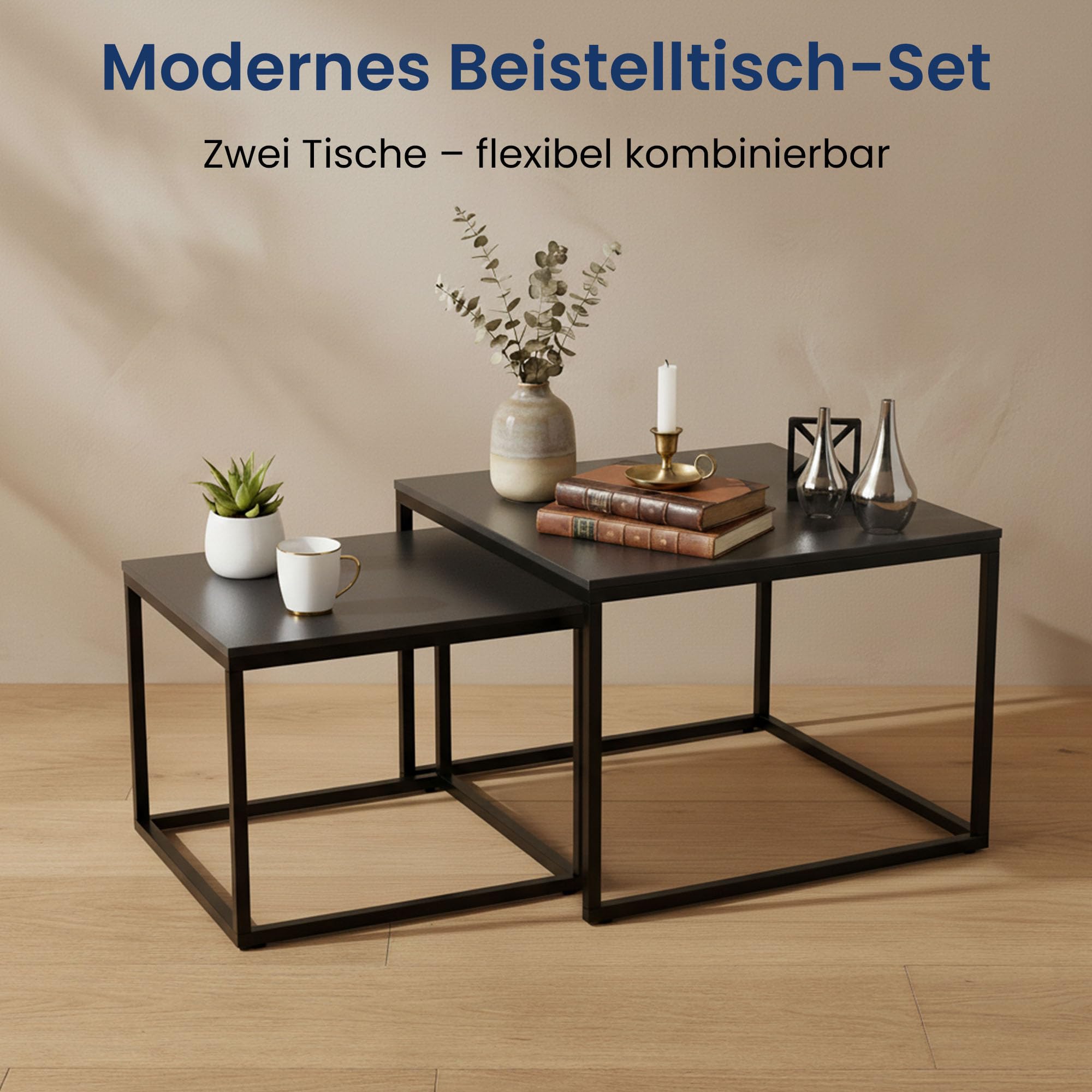 Home Collective Couchtisch 2er Set quadratisch aus Holz, Wohnzimmertisch Modern, Beistelltisch Set 2 in 1 mit Metallgestell für Wohnzimmer Büro Beistelltisch Loft Design Twin | Schwarz