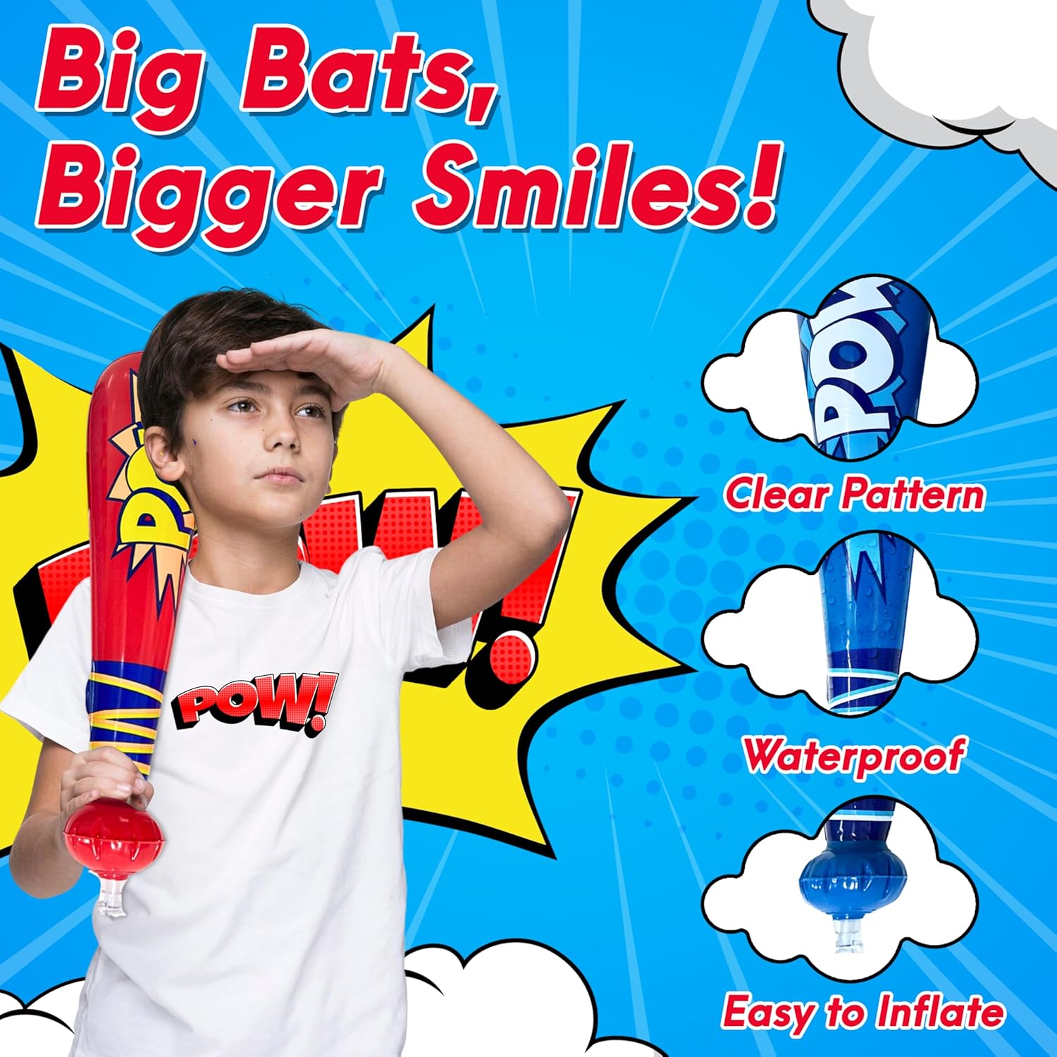4E's Novelty 25 Piece Set Inflatable Baseball Bats with Pow Design, 12 Punch Balloons for Kids, 1 Huge 30" Bopper for Super Hero Birthday Bat, Carnival Prizes, and Baseball Bat Blow Up Fun, Ages 3+