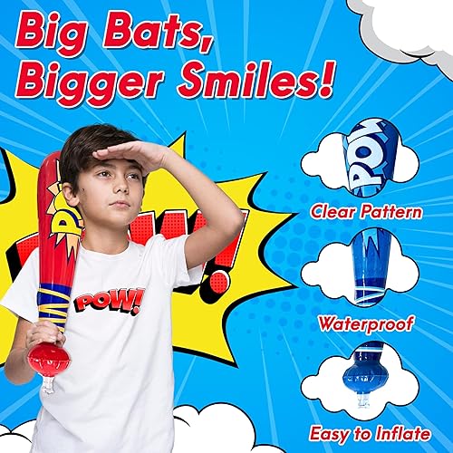 Miniatura 6 de 4E's Novelty Juego de 25 bates de béisbol inflables con diseño de Pow, 12 globos de perforación para niños, 1 enorme Bopper de 30 pulgadas para bate