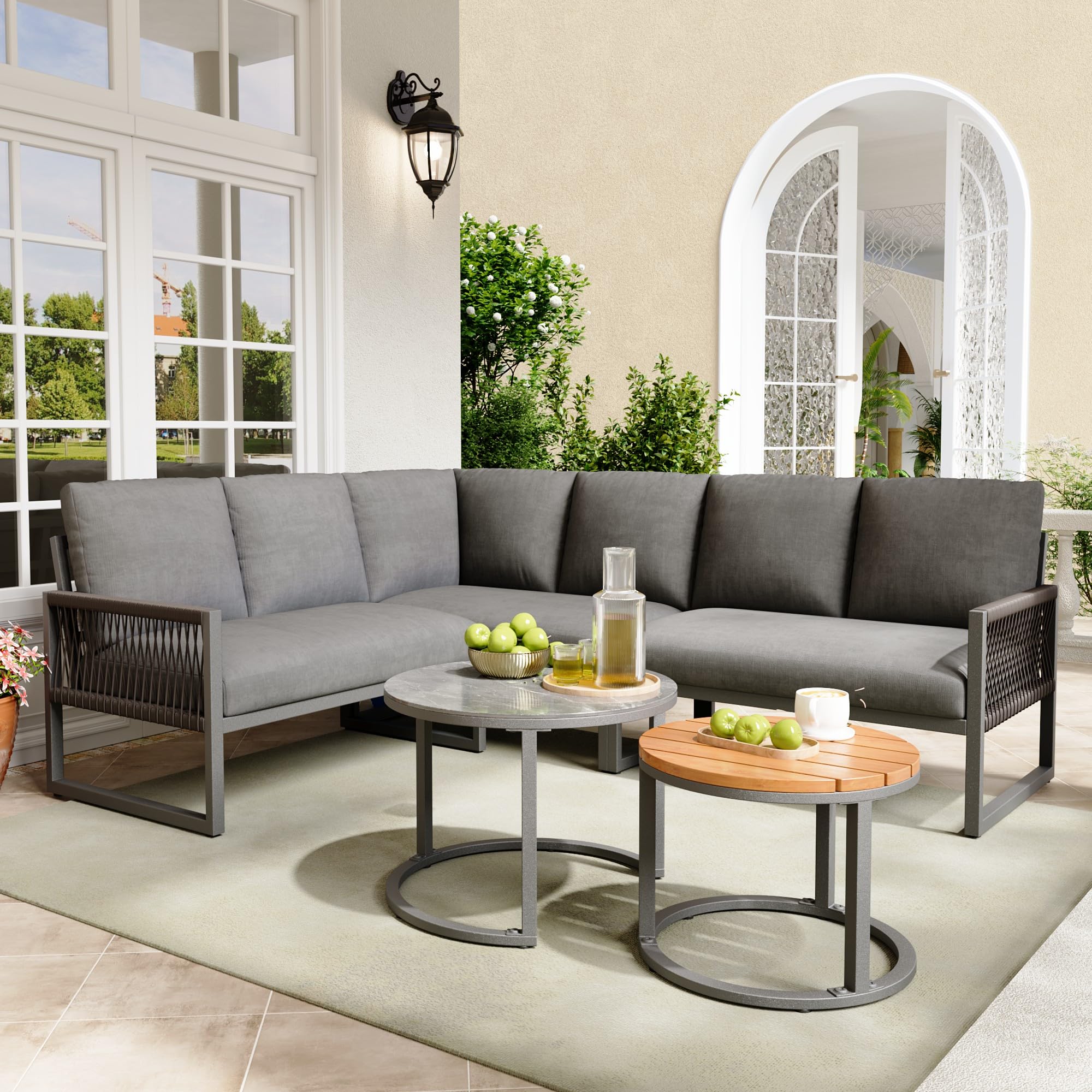 Mrwoo Juego de Salón de Jardín para 6-7 Personas, Sofá Esquinero con Armazón de Hierro Galvanizado Ajustable, Incluye Todos los Cojines, Muebles de Terraza Resistentes, Color Gris (Gris)