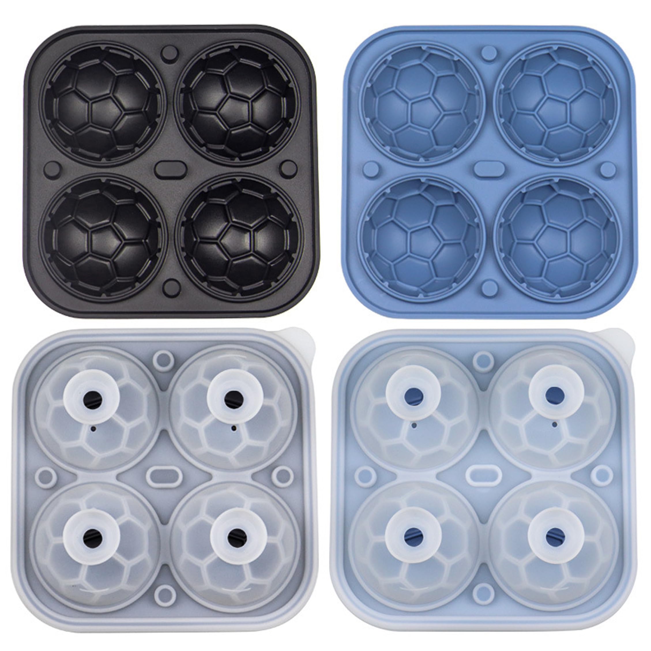 Xoeryoy 2PCS Silicone Ice Ball Mold, 3D Sports Ball Shaped Sphere Ice Mold 4-Cavity for Cocktails, Bourbon, Brandy, Whiskey, Blue & Black, Soccer