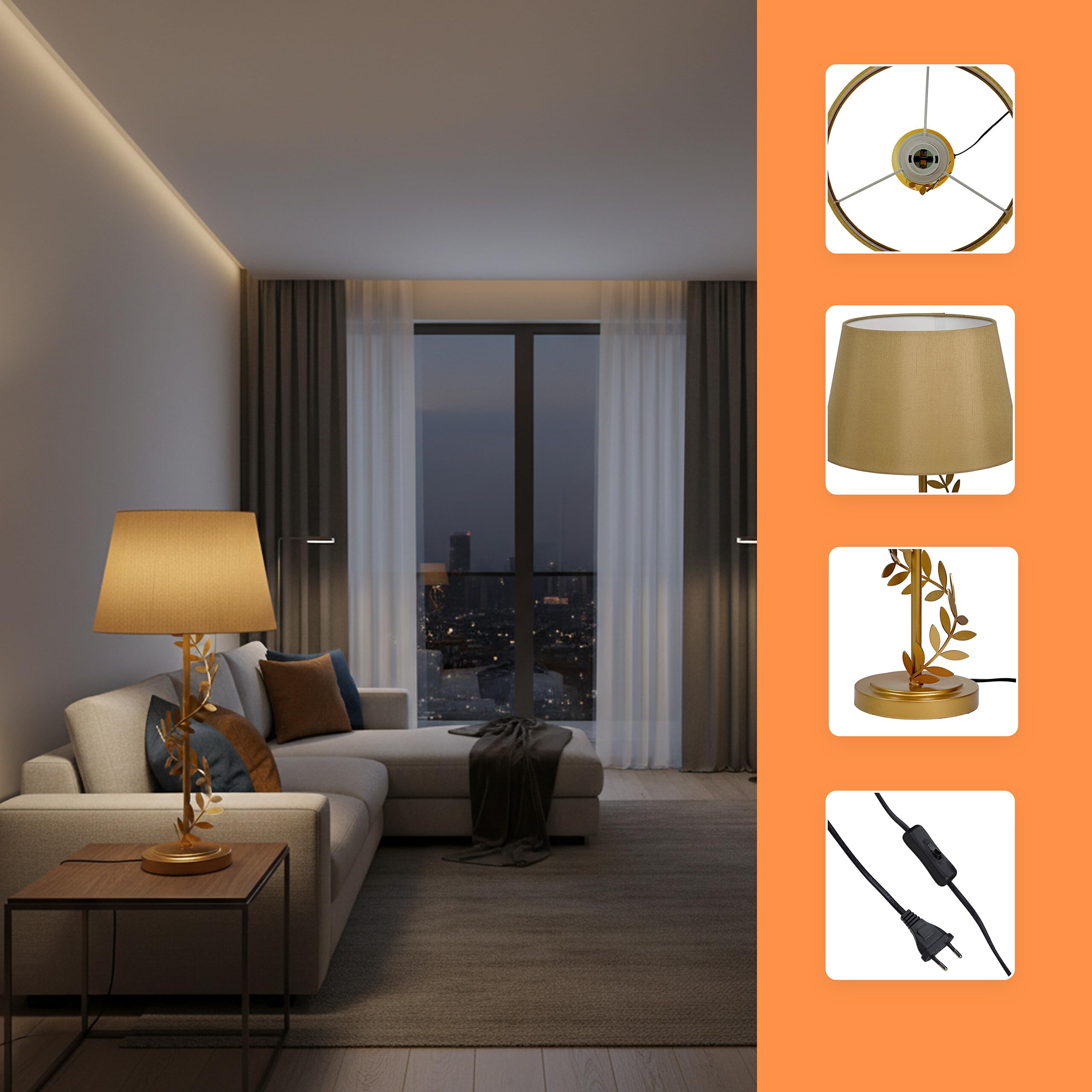 Relaxdays Lampada da Tavolo, Base in Metallo, Paralume in Tessuto, E27, HxD: 55x27 cm, Oro