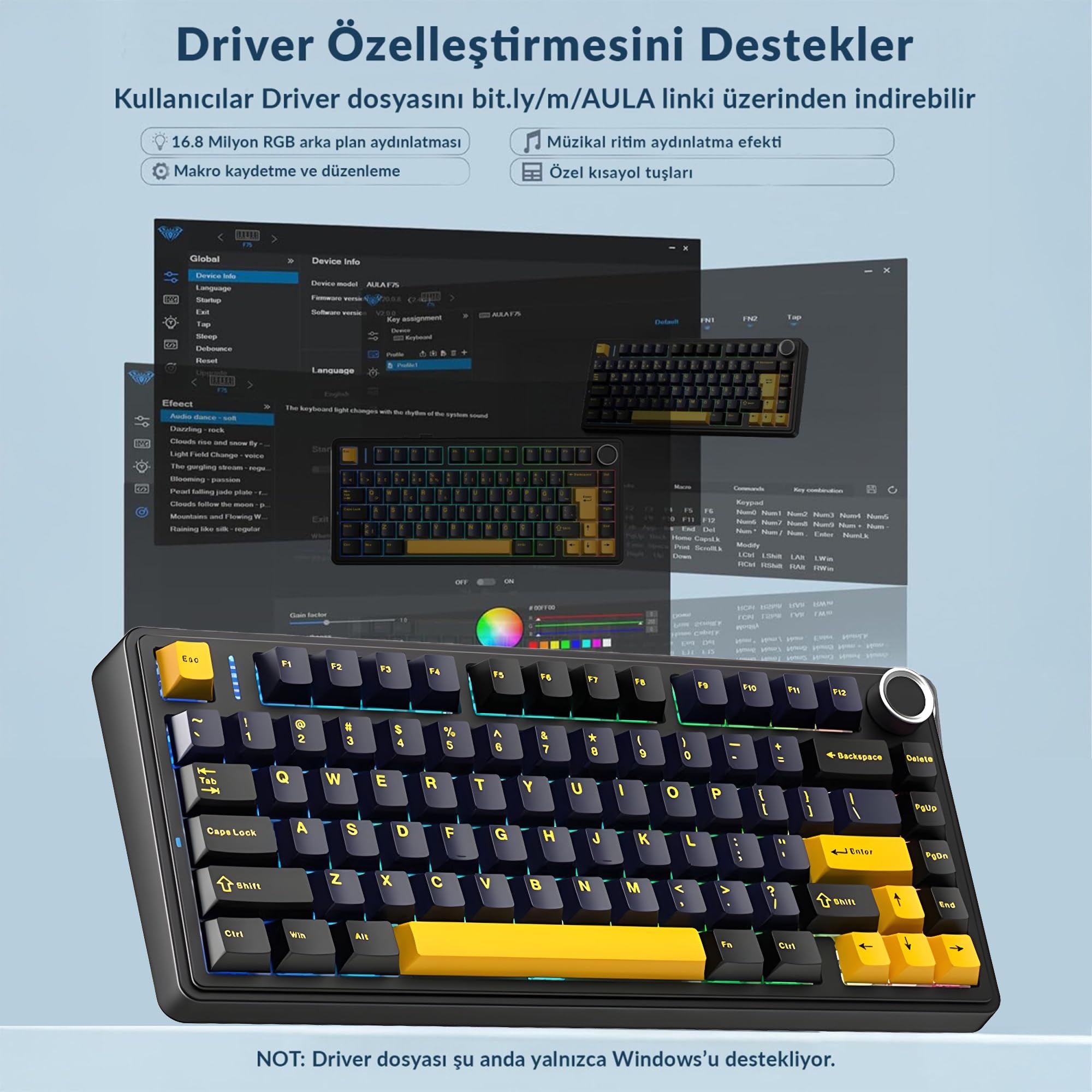 Aula F75 Mécanique RGB TKL Reaper Switch Wireless Macroller Clavier Hot Swap Noir