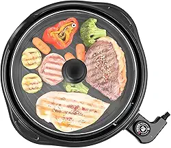 Grill Elétrico Redondo Premium, Preto, Antiaderente, Com Tampa de Vidro, Temperatura Ajustável, Base Coletora de Gordura, Ideal para Grelhar, Fritar e Assar, 220V