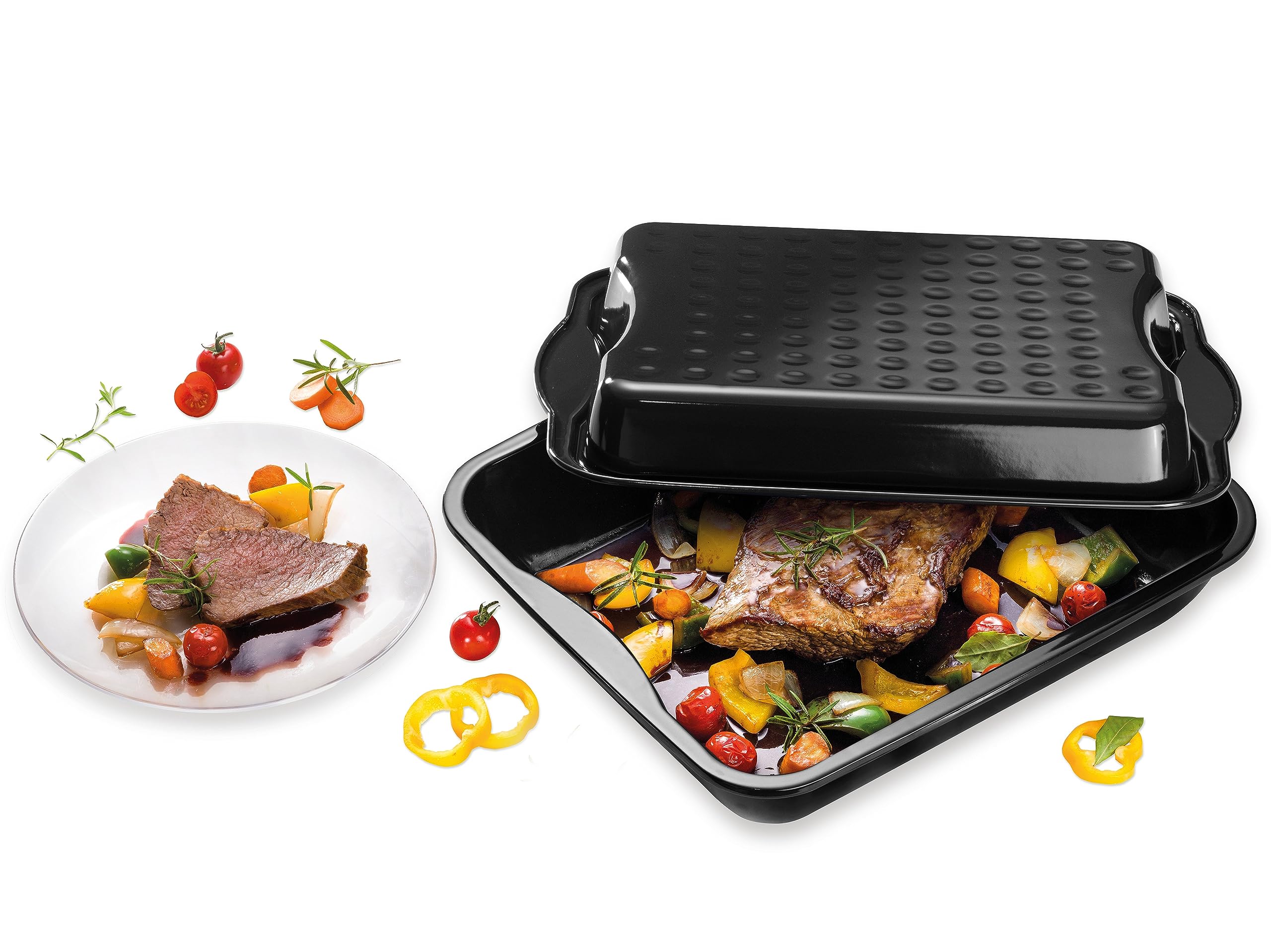 Dr. Oetker Fuente para horno alta y rectangular con tapa-Besuguera-Rustidera antiadherente esmaltado negro-Bandeja XXL, resistente hasta 400ºC, hecha en Alemania, 42x34x7,5cm, 1ud.