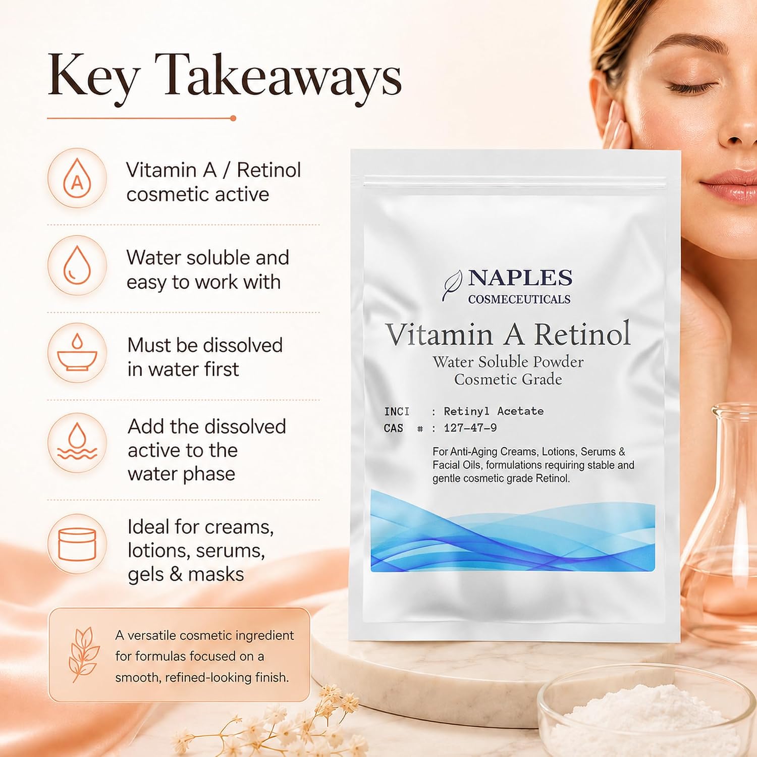 Vitamin A Retinol Powder Cosmetic Grade Retinyl Acetate, Water Soluble Cosmetic Ingredient for Serums, Creams, Lotions, Facial Care & DIY Skincare Formulations