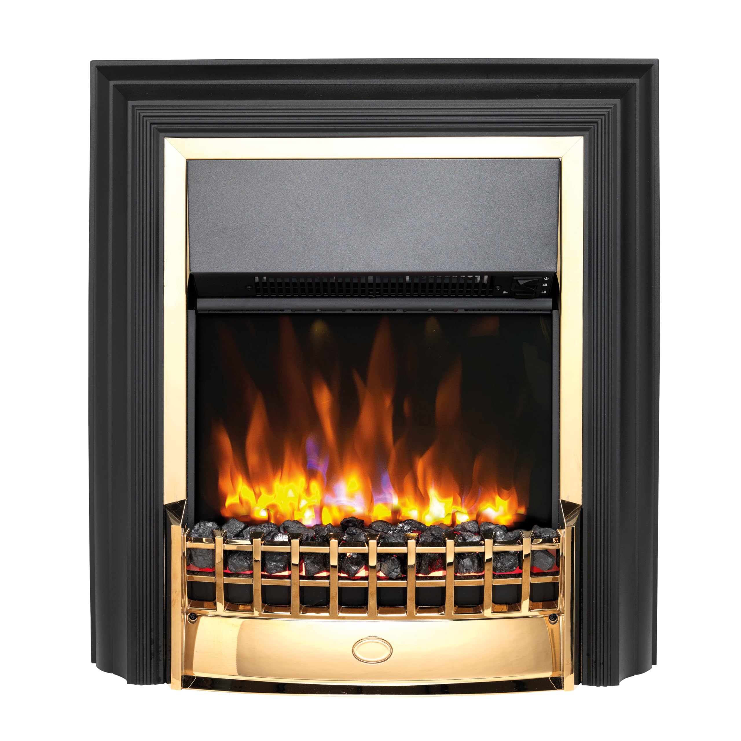 Cheriton Deluxe Optiflame Freestanding Electric Fire, Brass and Black Free Standing LED Flame Effect Electric Fireplace with Variable Flame Brightness, Coal Fuel Bed, Adjustable 2kW Heater