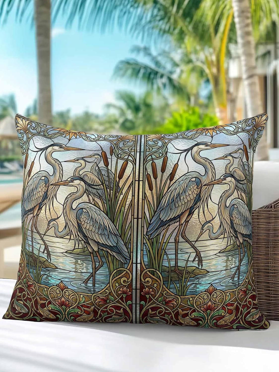Outdoor Pillows Waterproof, Vintage Cranes Throw Pillows with Inserts Included, Country Retro Chic Glass Flower Textured Indoor Outdoor Decorative Lumbar Pillow for Bed/Couch/Patio 18"x18", 1Pcs