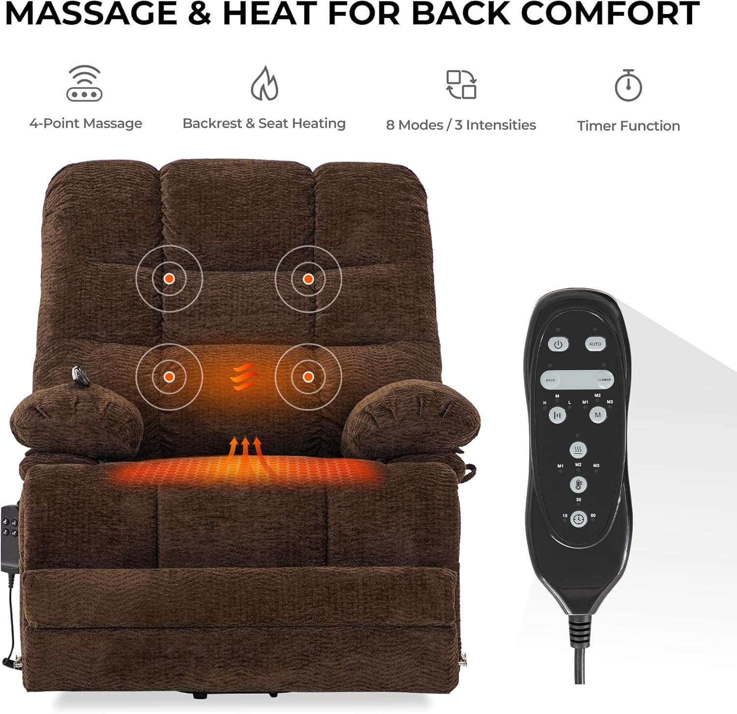 DYNOX Big & Tall Power Lift Recliner Chair for Elderly, Oversized Lay Flat Chair with Extended Footrest, Heat & Massage 400 LBS (9205L,Chenille,Brown)