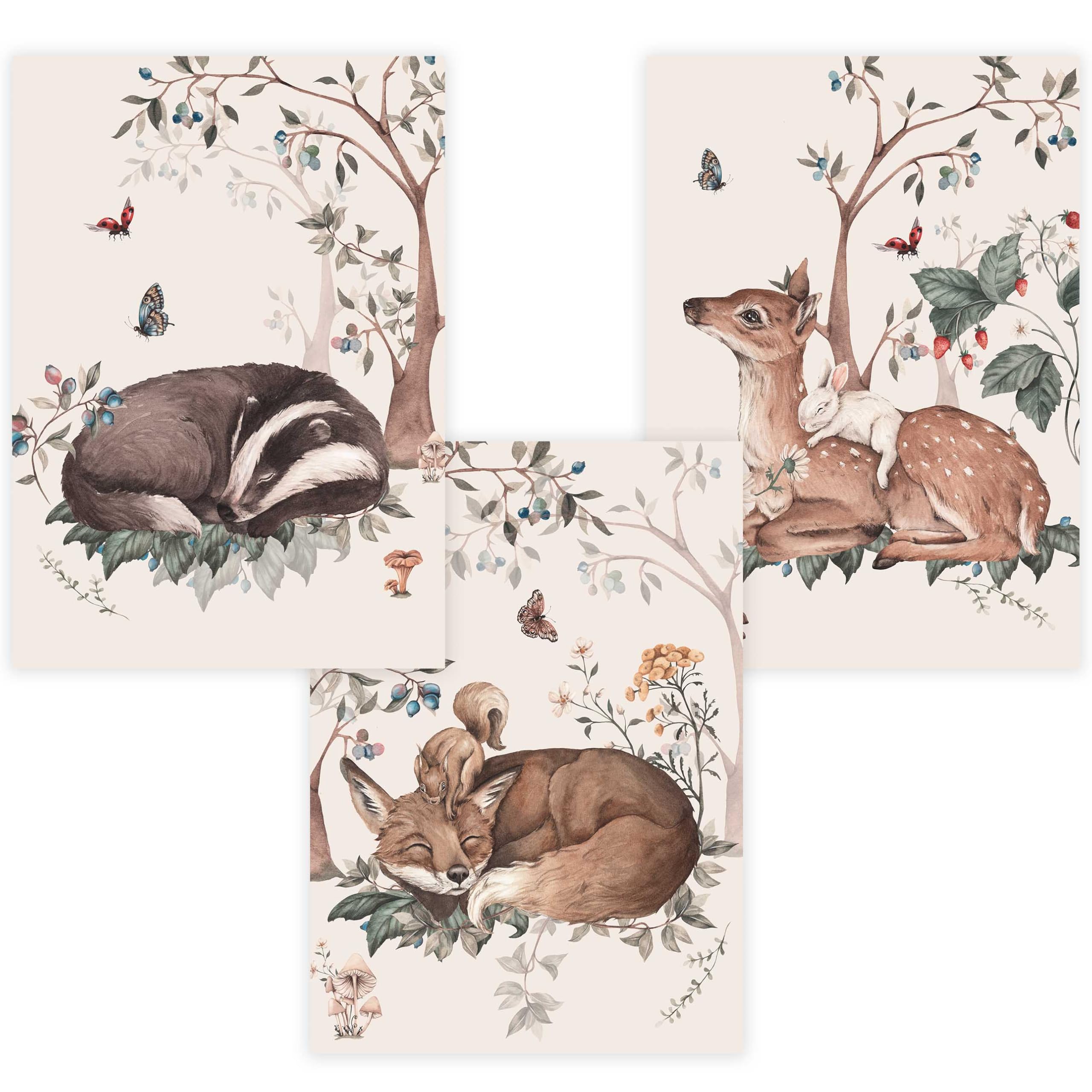 Kinderzimmer Poster Set Premium P805 / niedliche Waldtiere minimalistic Babyzimmer Wandbild (A2 - Ohne/Without Rahmen/Frame)