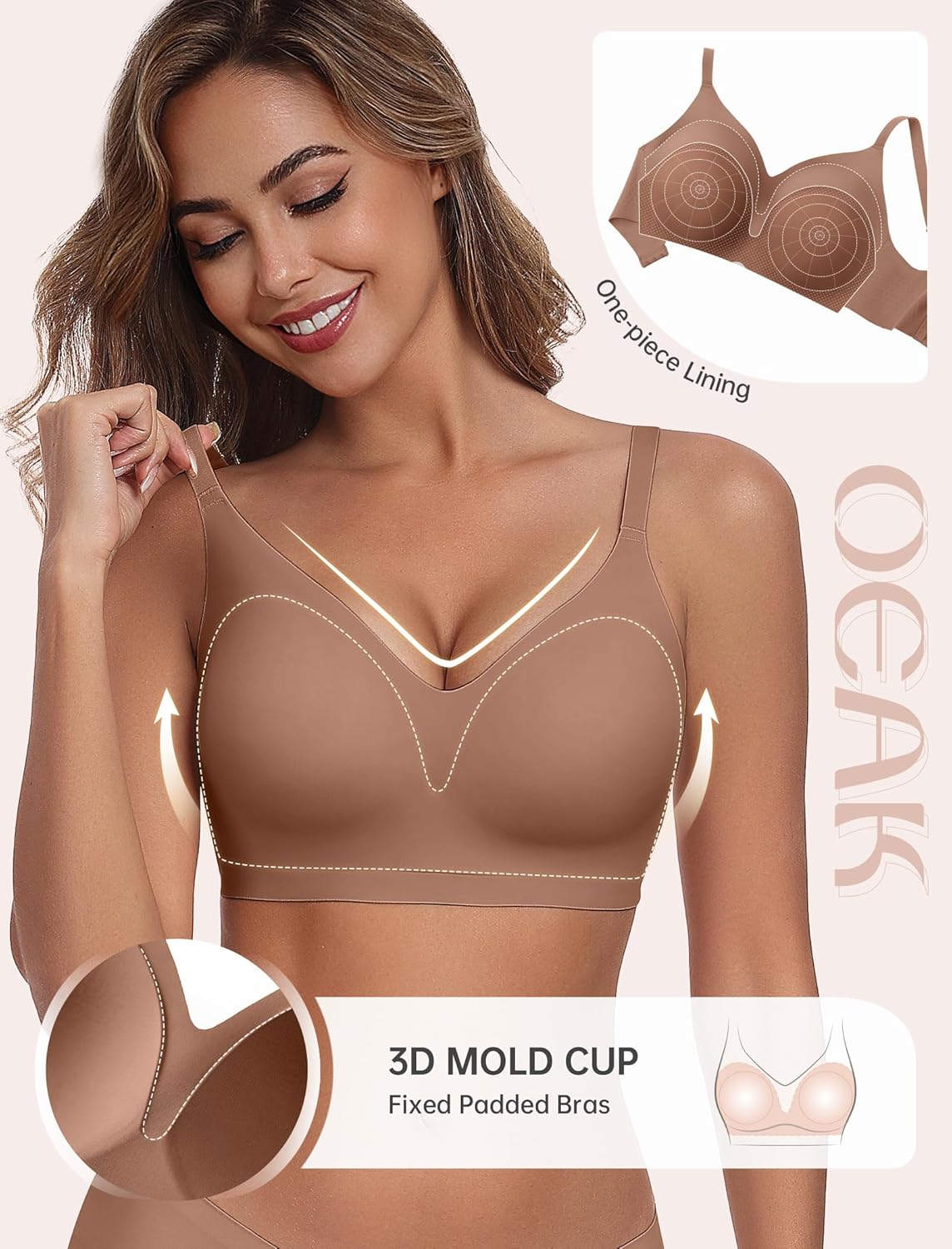 OEAK Womens Comfortable Bra Push Up Bras Wireless Support Lift Brassiere V Neck Full Coverage Everyday Seamless Tshirt Bras - Image 3