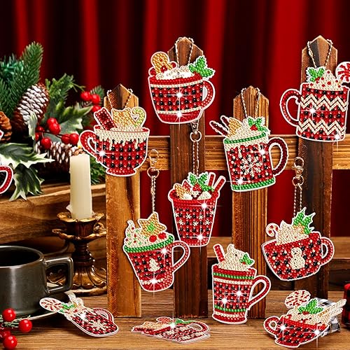 Miniatura 5 de 15 piezas de llavero de pintura de diamante de Navidad adornos de pintura de diamante 5D DIY llavero de pintura de diamante caliente cacao caliente