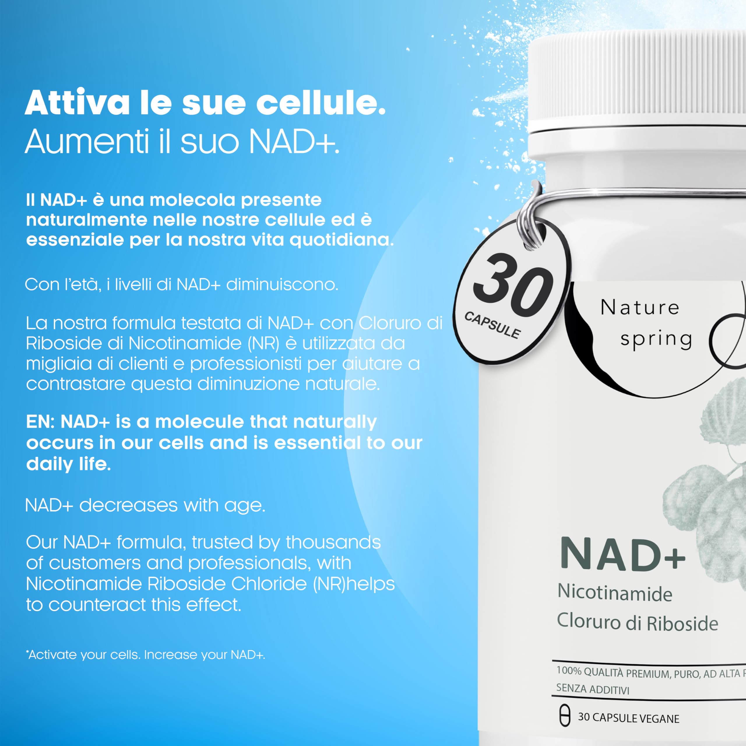 Nad Integratore Nicotinamide Riboside - 1.5 Mesi, 30 Capsule, 300mg per Capsula, Nad Nicotinamide Riboside 300 mg - Testato in laboratorio in Germania