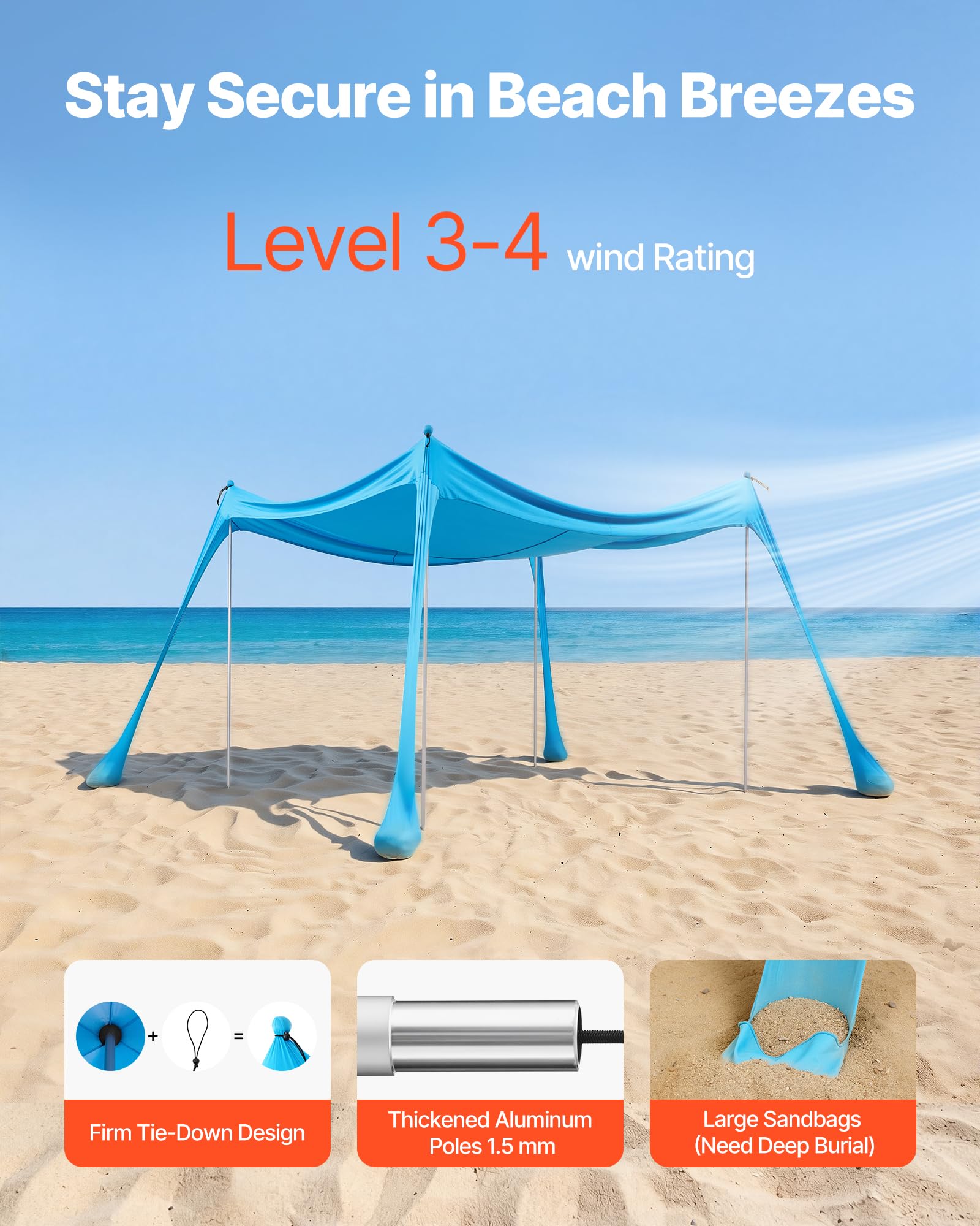 VEVOR Tenda Parasole Portatile da Spiaggia per Esterno Protezione Solare UPF 50+ 3 x 3 x 2 m, Parasole da Spiaggia con Pali di Supporto Ancoraggio Tenda Portatile per Campeggio Viaggio Pesca, Blu