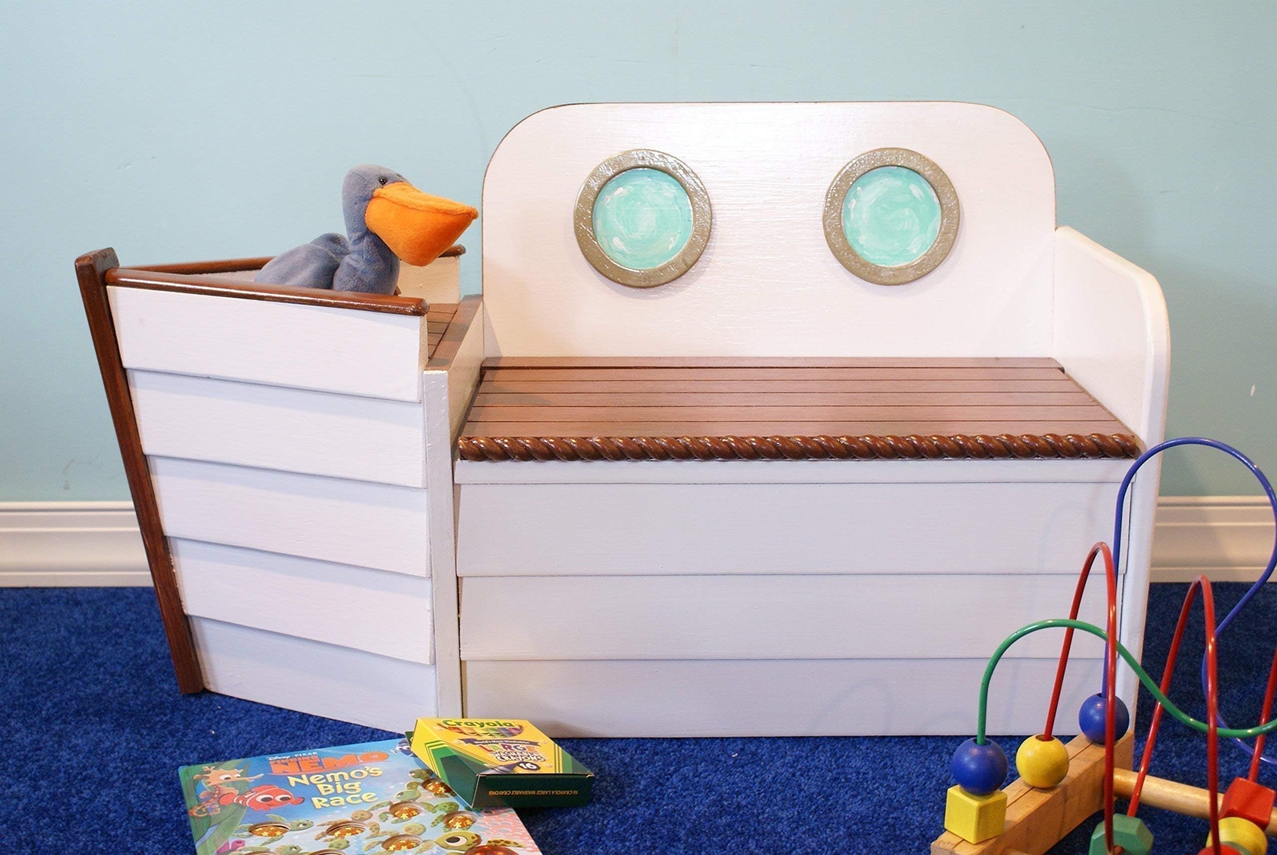 Boat Shaped Wooden Toy Box, Nautical Decor Chest, Toy Storage