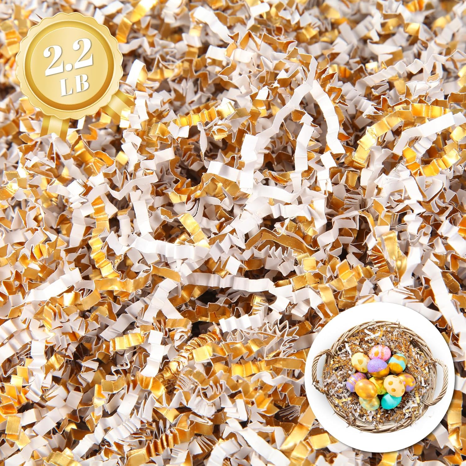 2.2 LB Crinkle Paper Filler, White Gold Shredded Paper for Gift Baskets, Gift Wrapping Decoration, Fluffy Crinkle Paper Great for Birthday, Christmas, Wedding and All Occasions