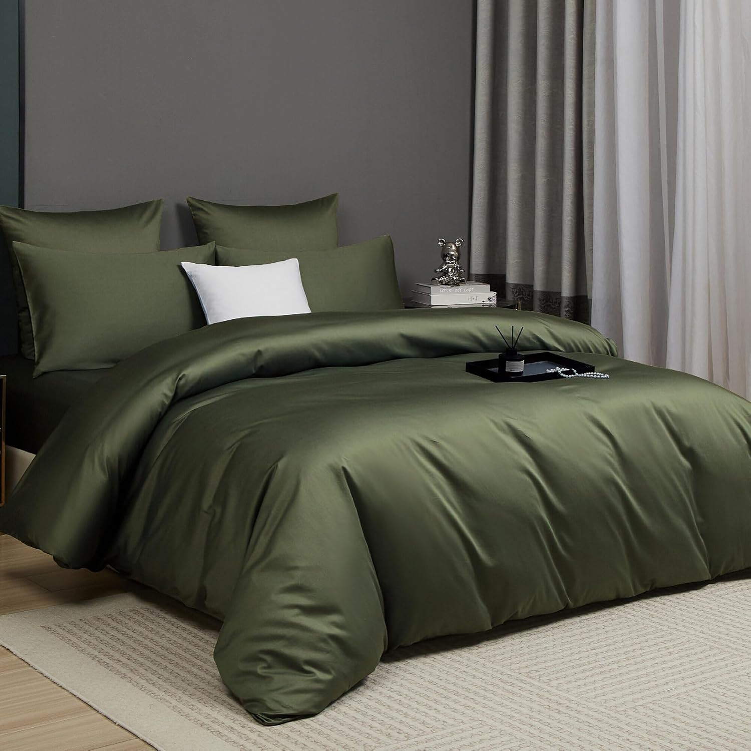 Olive Green Cotton Duvet Cover Set King 100% Long-Staple Cotton Sateen Bedding Set, Soft Breathable Smooth Organic Pure Cotton Plain Comforter Cover, Luxury Minimalist Bedroom Decor for All Season