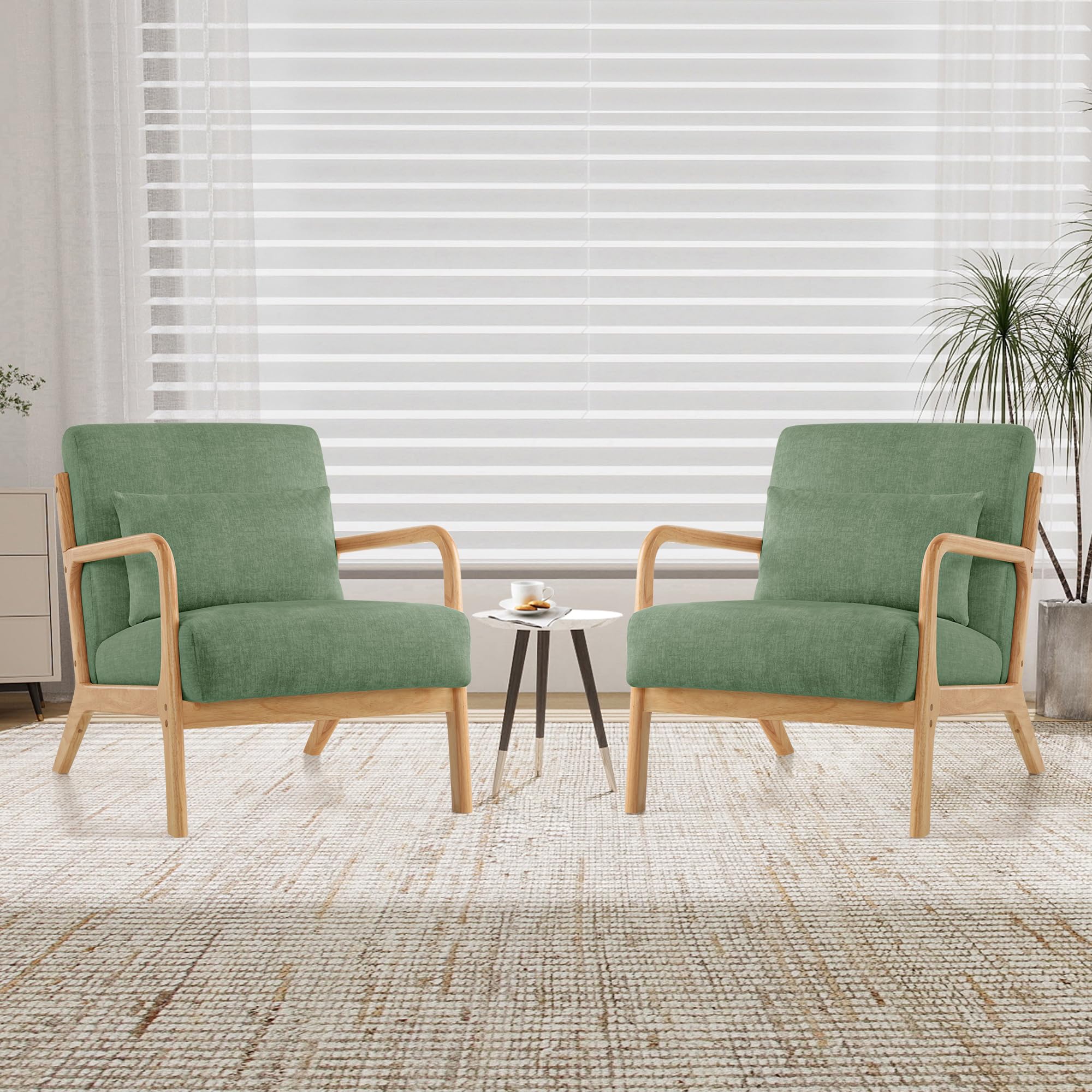 XH.Easy Go Modern Accent Chair Set of 2,Comfy Armchair with Pillow Wood Frame,Upholstered Mid-Century Reading Lounge Arm Chair for Living Room Bedroom,Green