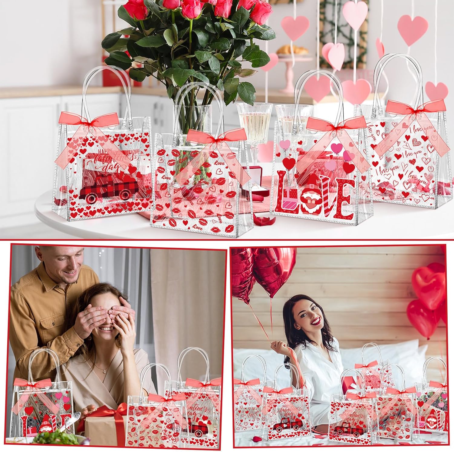Abbylike 24 Pcs Valentine's Day Heart Clear Gift Bags 7.87 x 3.15 x 7.87 in Love Kiss Tote PVC Shopping Clear Bags with Handles Red Ribbon Supplies for Wedding and Valentine Party Supplies - Image 3