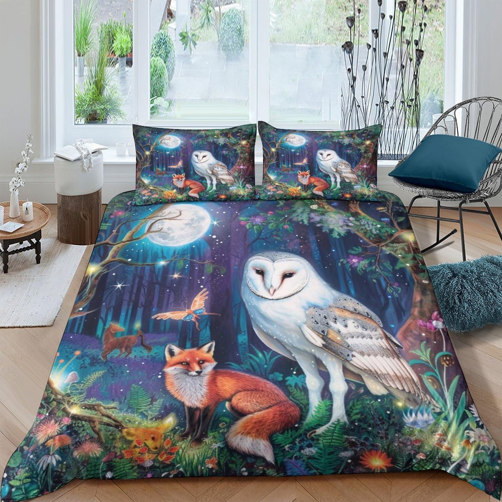 GPLZQXKJNH 3D Printed Forest Owl Duvet Cover Microfiber Breathable Fox Bedding Set with 2 Pillowcases for Bedroom Decor Single（135x200cm）